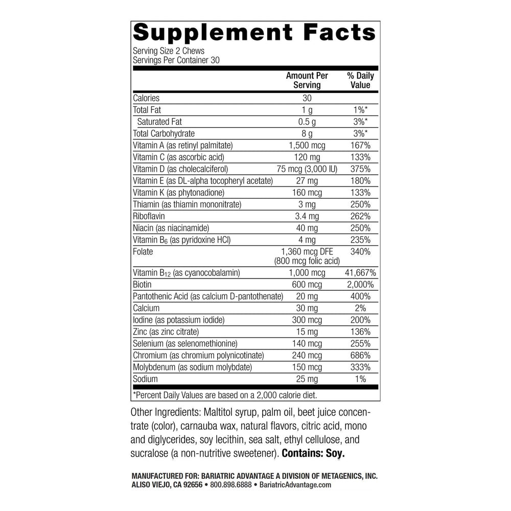 Bariatric Advantage soft chew texture shown for a chalk-free vitamin experience