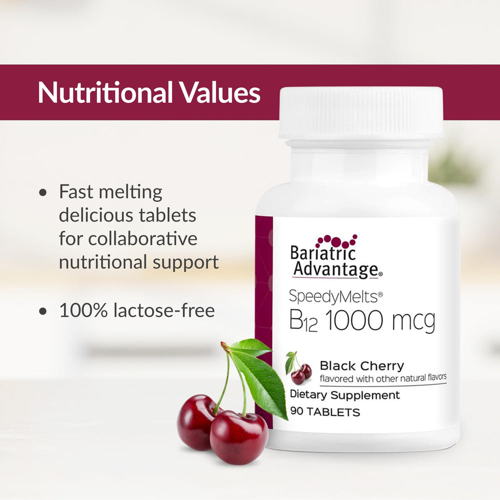 Bariatric Advantage Speedy Melts label shows 200 mcg folic acid per dose.