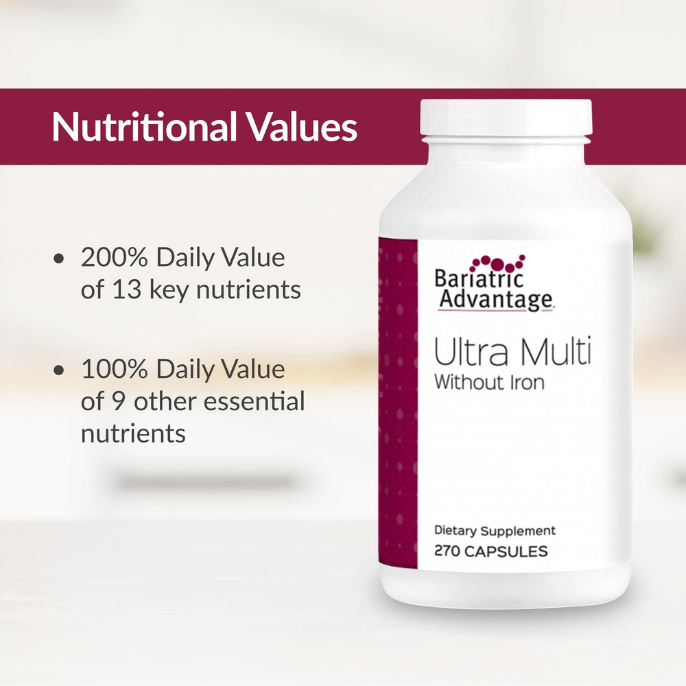 Bariatric Advantage Ultra Multi nutrition facts graphic on packaging.