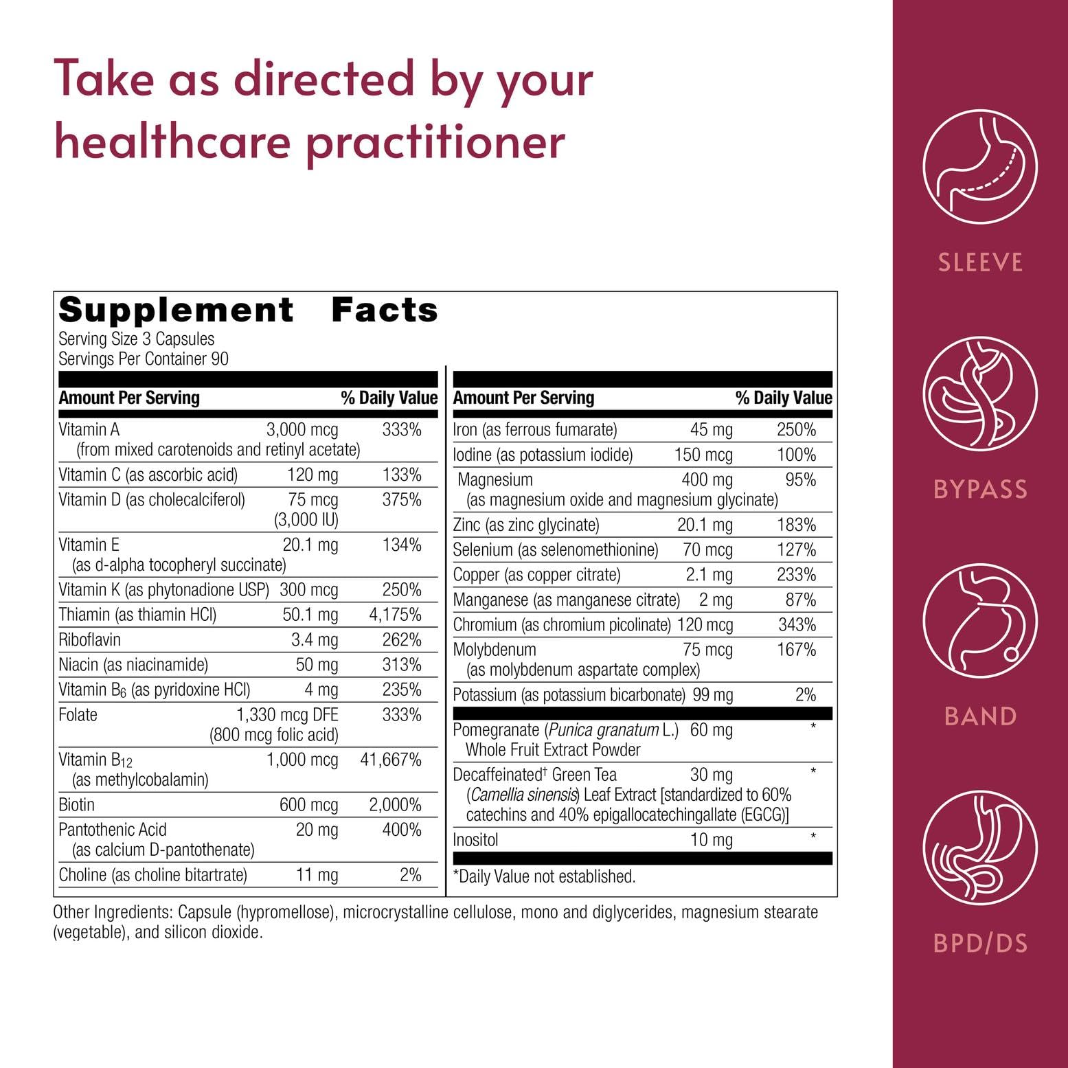Bariatric Advantage Ultra Multi with Iron three-capsule serving highlights B vitamins and minerals