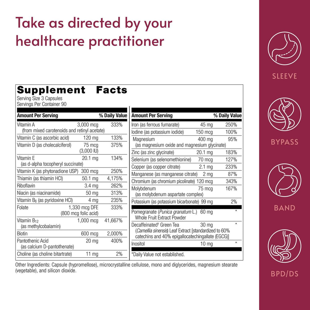 Bariatric Advantage Ultra Multi with Iron three-capsule serving highlights B vitamins and minerals