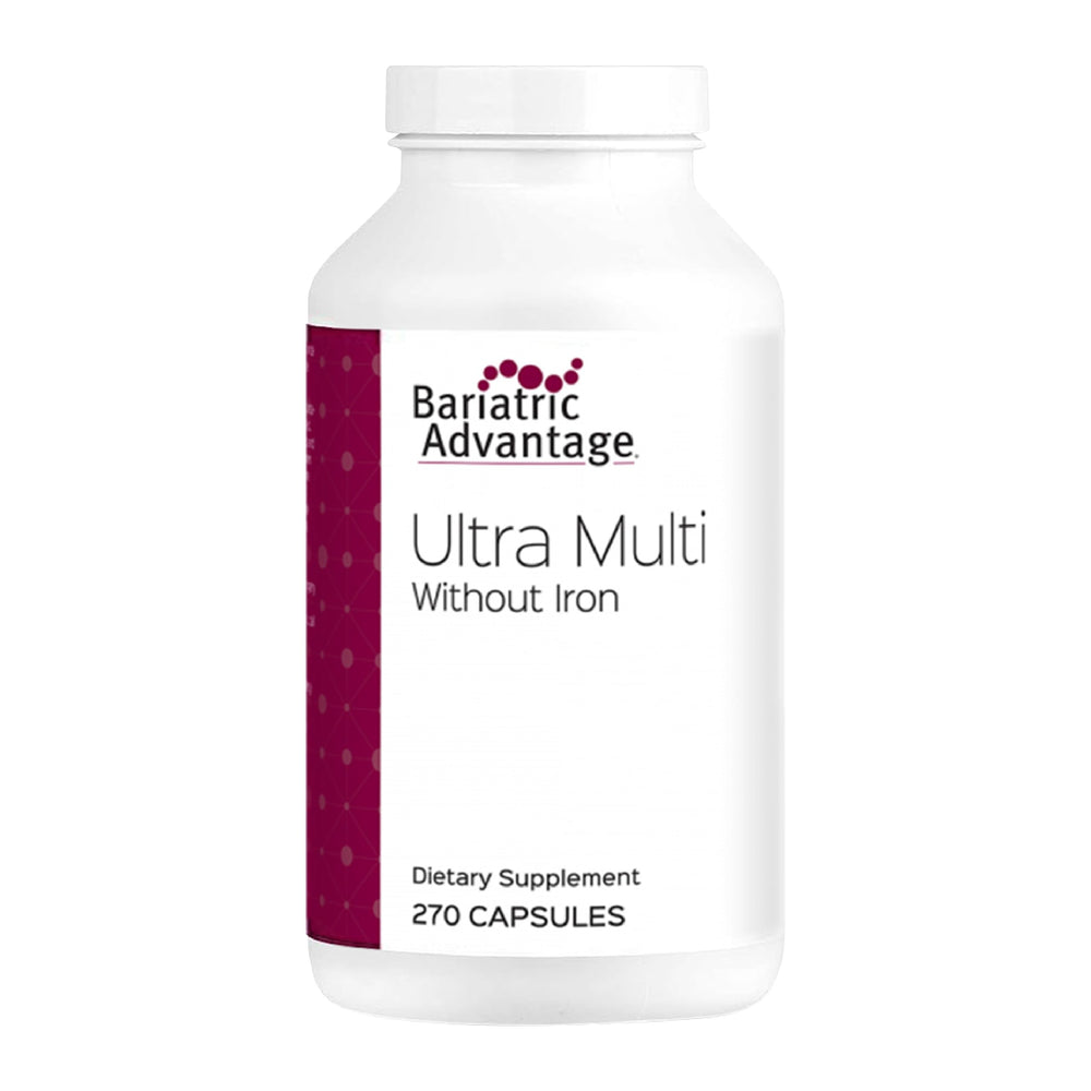 Bariatric Advantage Ultra Multi without Iron bottle closeup—high potency vitamins for bariatric patients.