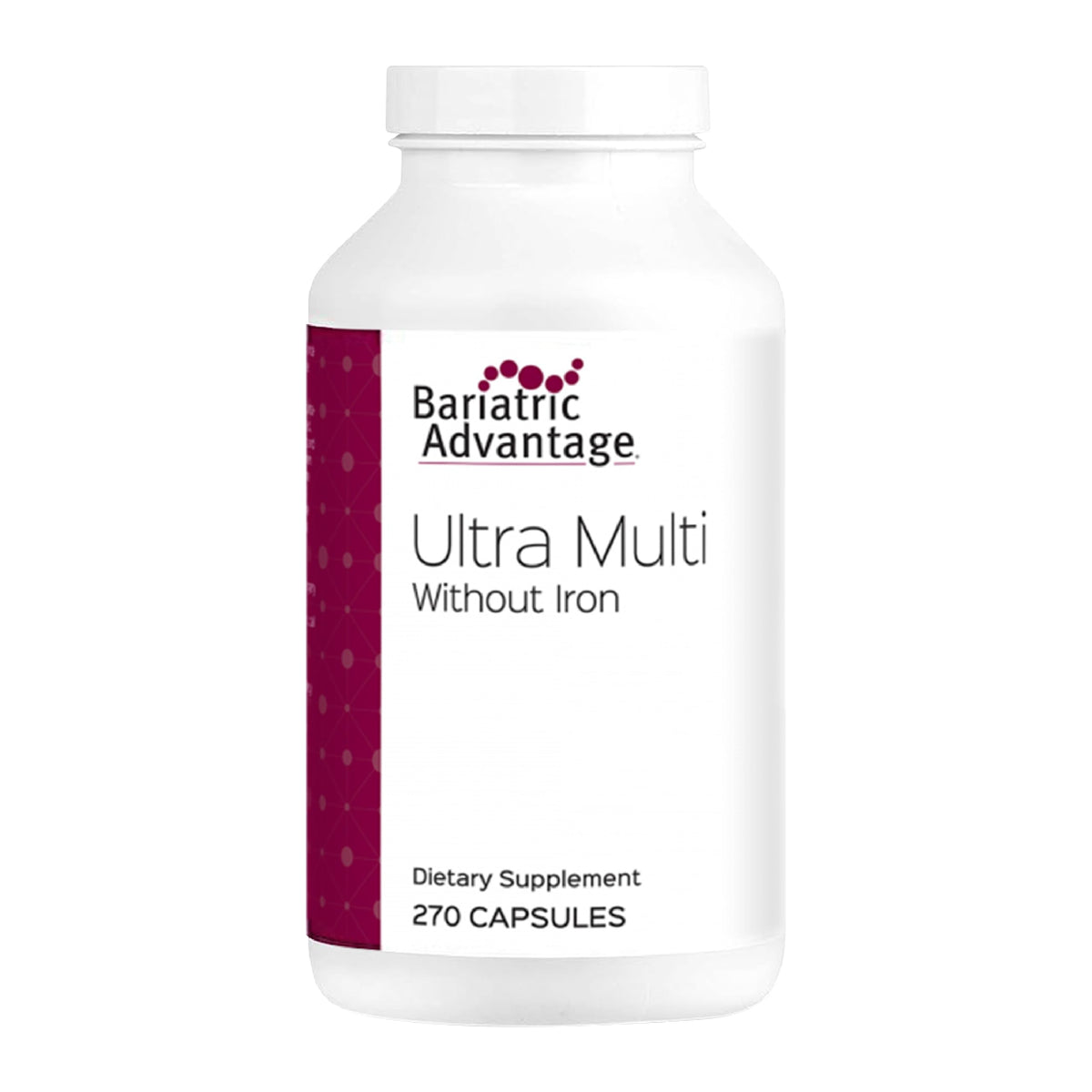 Bariatric Advantage Ultra Multi without Iron bottle closeup—high potency vitamins for bariatric patients.