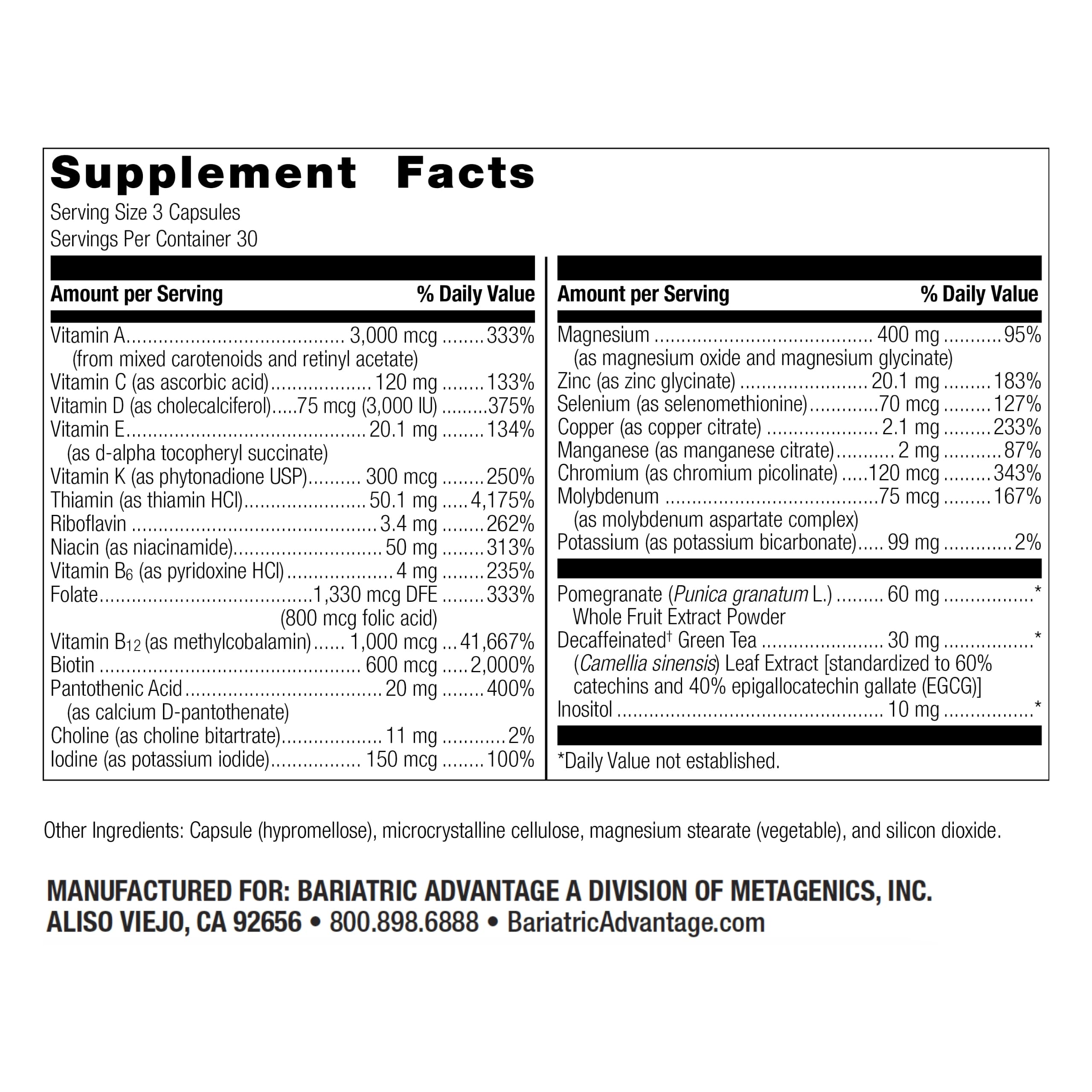Bariatric Advantage Ultra Multi Without Iron capsules shown for easy daily dosing after surgery
