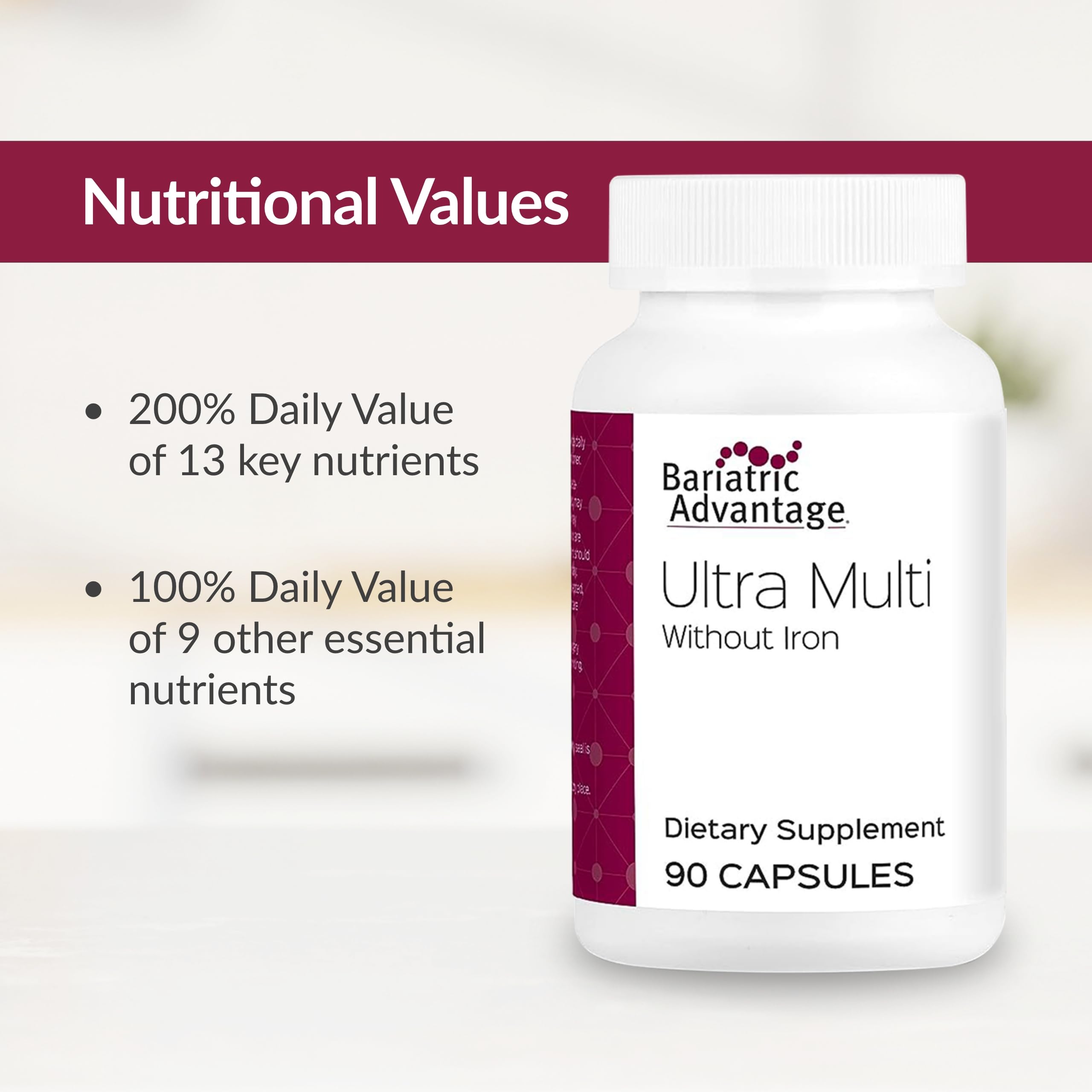 Bariatric Advantage Ultra Multi Without Iron packaging shot with bottle and cap visible