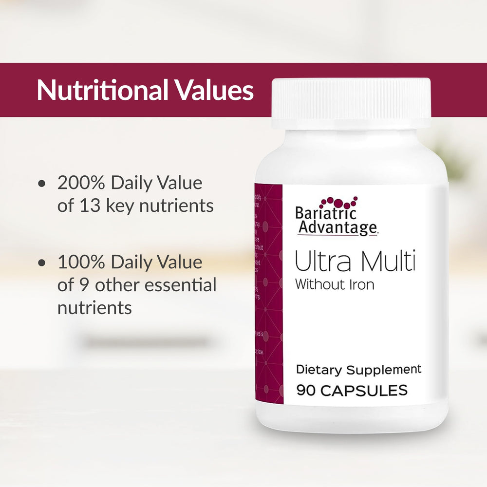 Bariatric Advantage Ultra Multi Without Iron packaging shot with bottle and cap visible