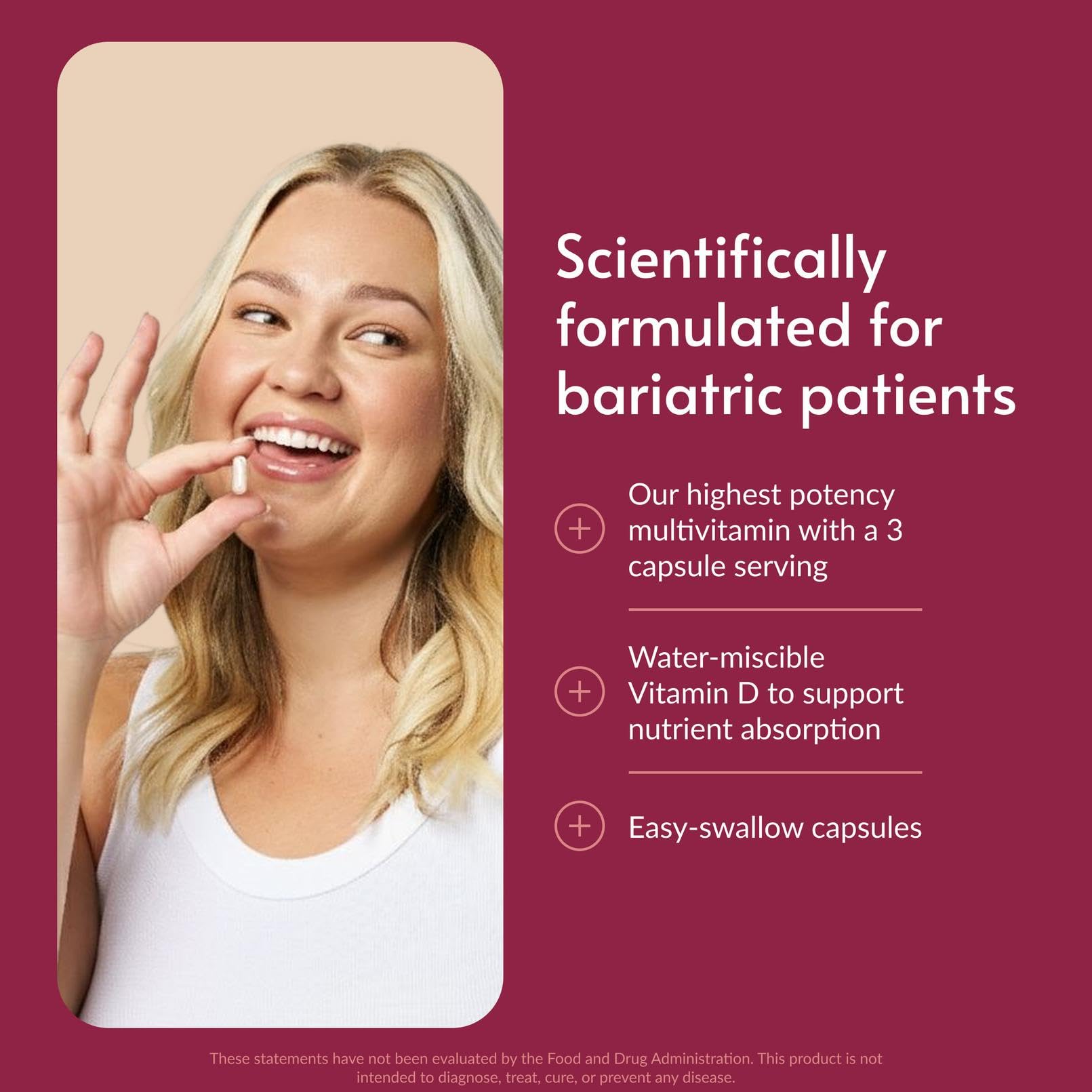 Bariatric Advantage Ultra Multivitamin with Iron pills on mat highlighting minerals