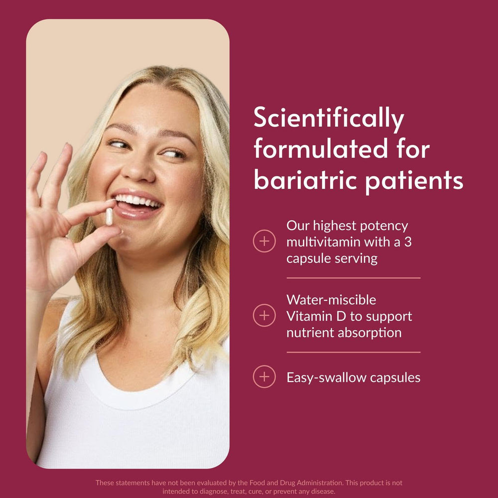 Bariatric Advantage Ultra Multivitamin with Iron pills on mat highlighting minerals
