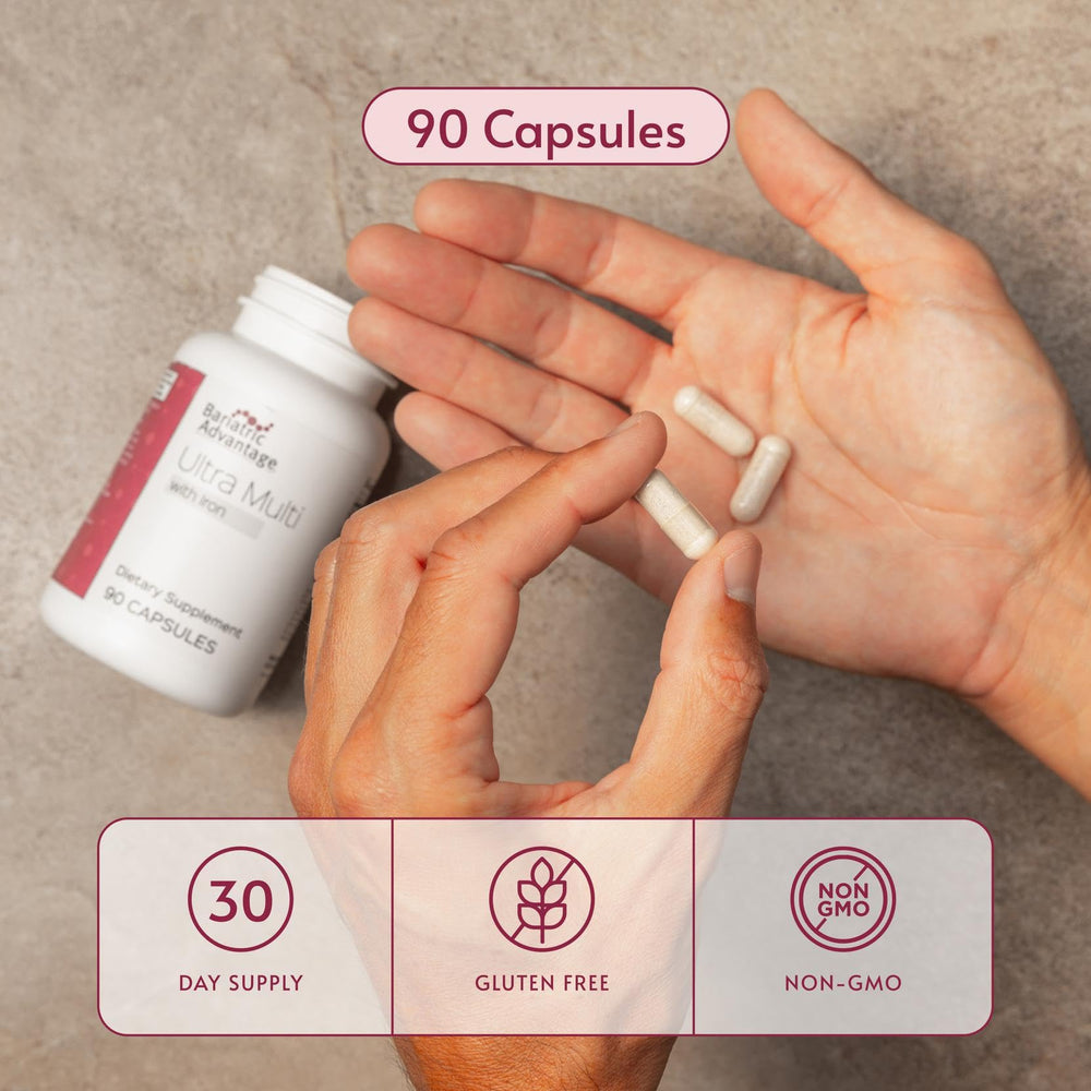 Three-capsule serving image of Bariatric Advantage shows high-potency nutrition at a glance