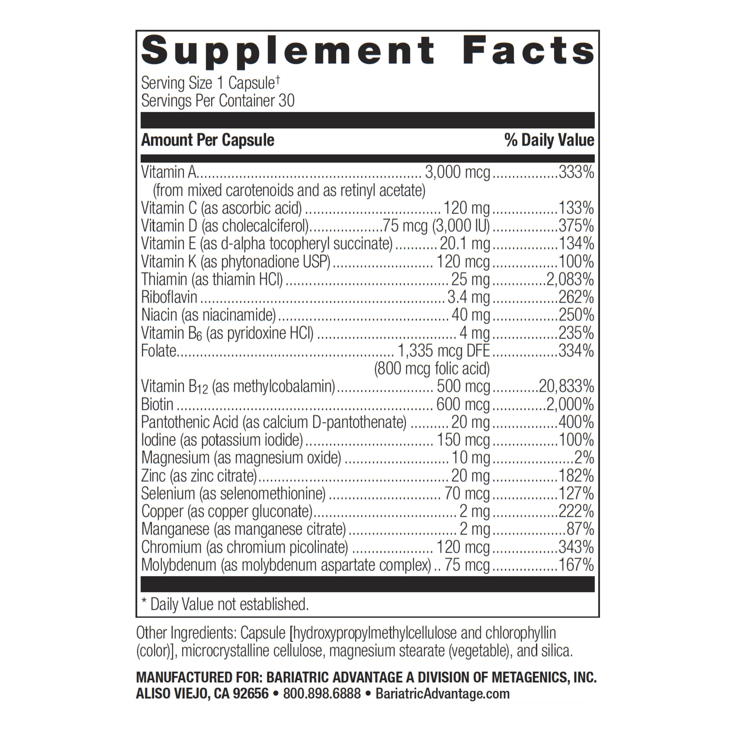 Close-up of Bariatric Advantage Ultra Solo Without Iron label highlights essential vitamins