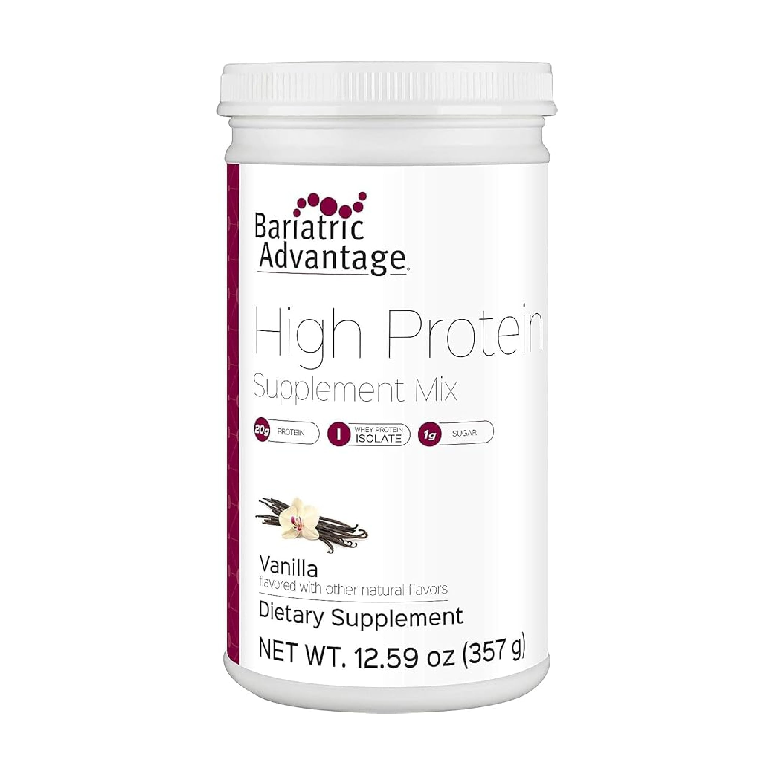 Bariatric Advantage vanilla protein powder jar showing 20 g protein per serving