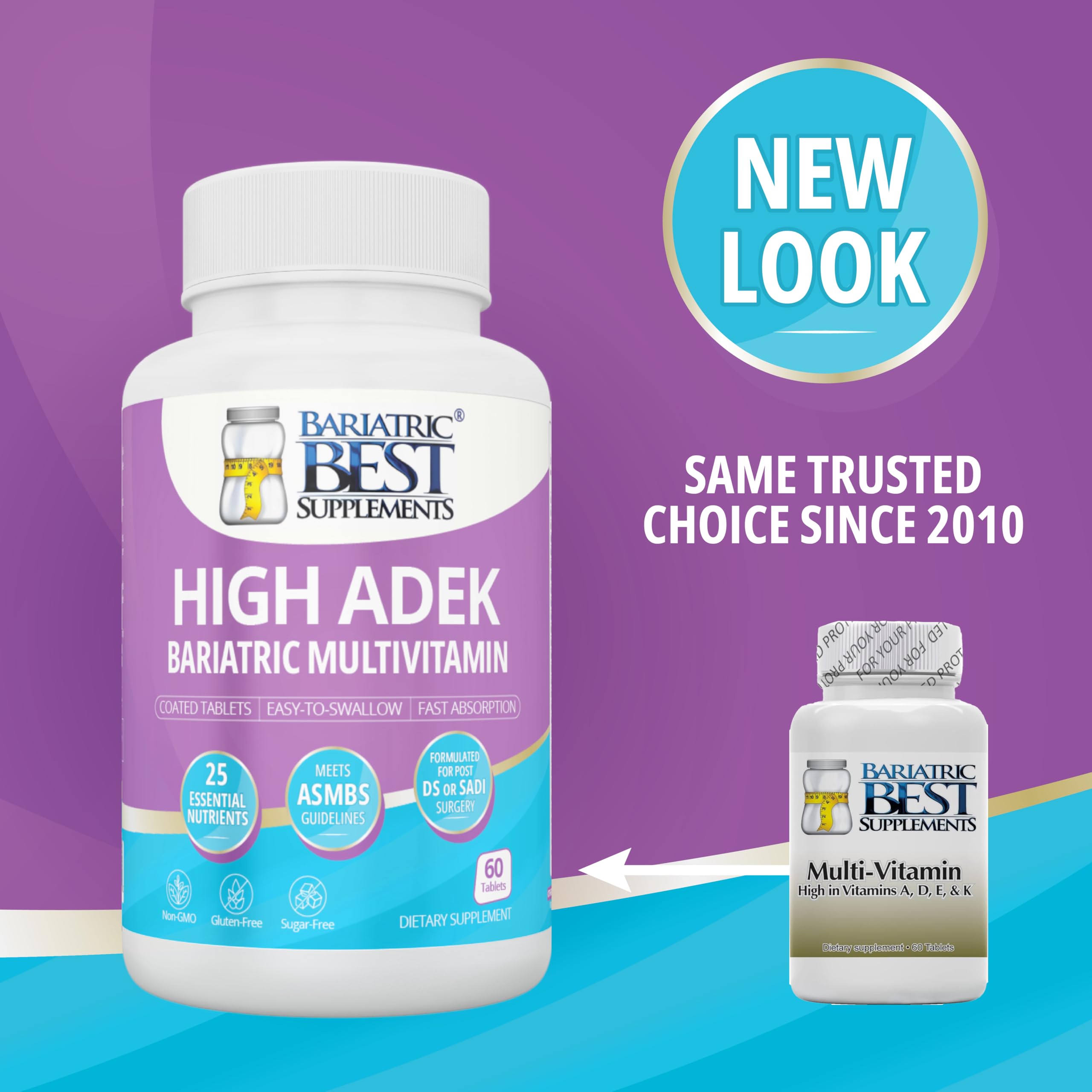 Bariatric Best High ADEK multivitamin bottle close-up highlights easy-to-swallow tablets.