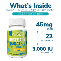 Bariatric Choice Once-Daily capsules closeup showing easy-to-swallow form for post-surgery nutrition