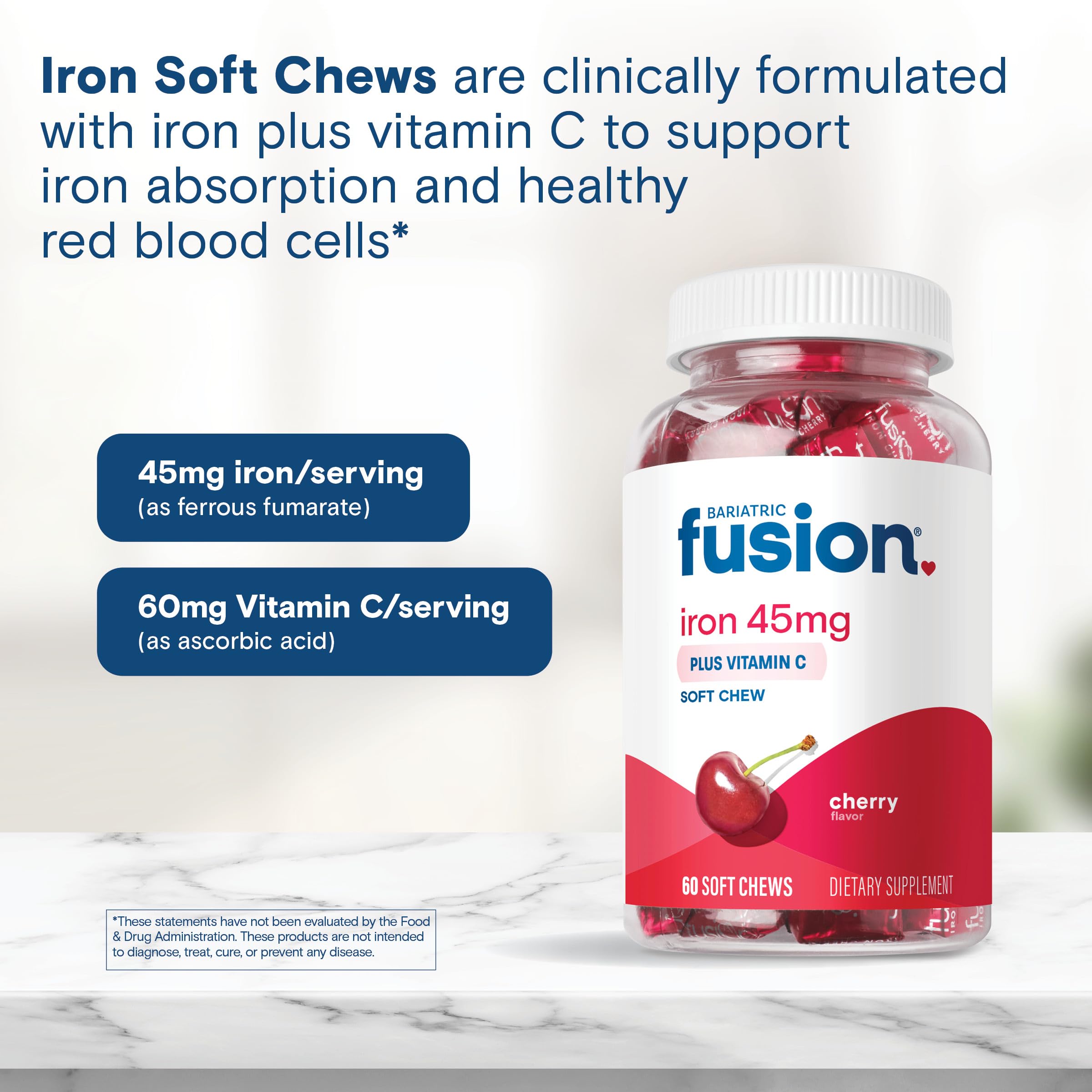 Bariatric Fusion 60-count bottle suggests long-lasting daily iron intake.