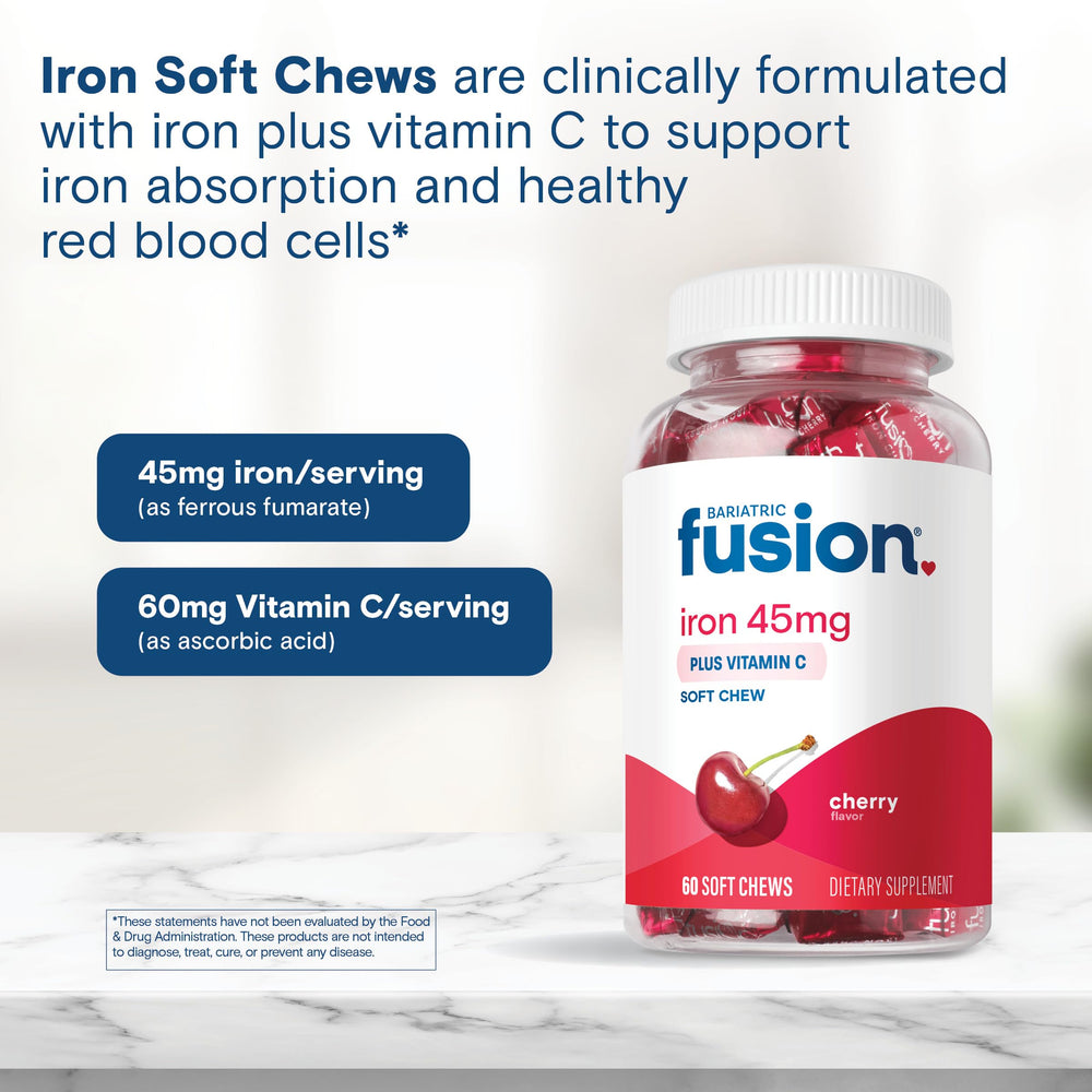 Bariatric Fusion 60-count bottle suggests long-lasting daily iron intake.