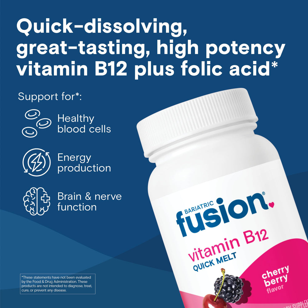 Bariatric Fusion B12 Melts tablets dissolving demonstrates fast sublingual absorption.