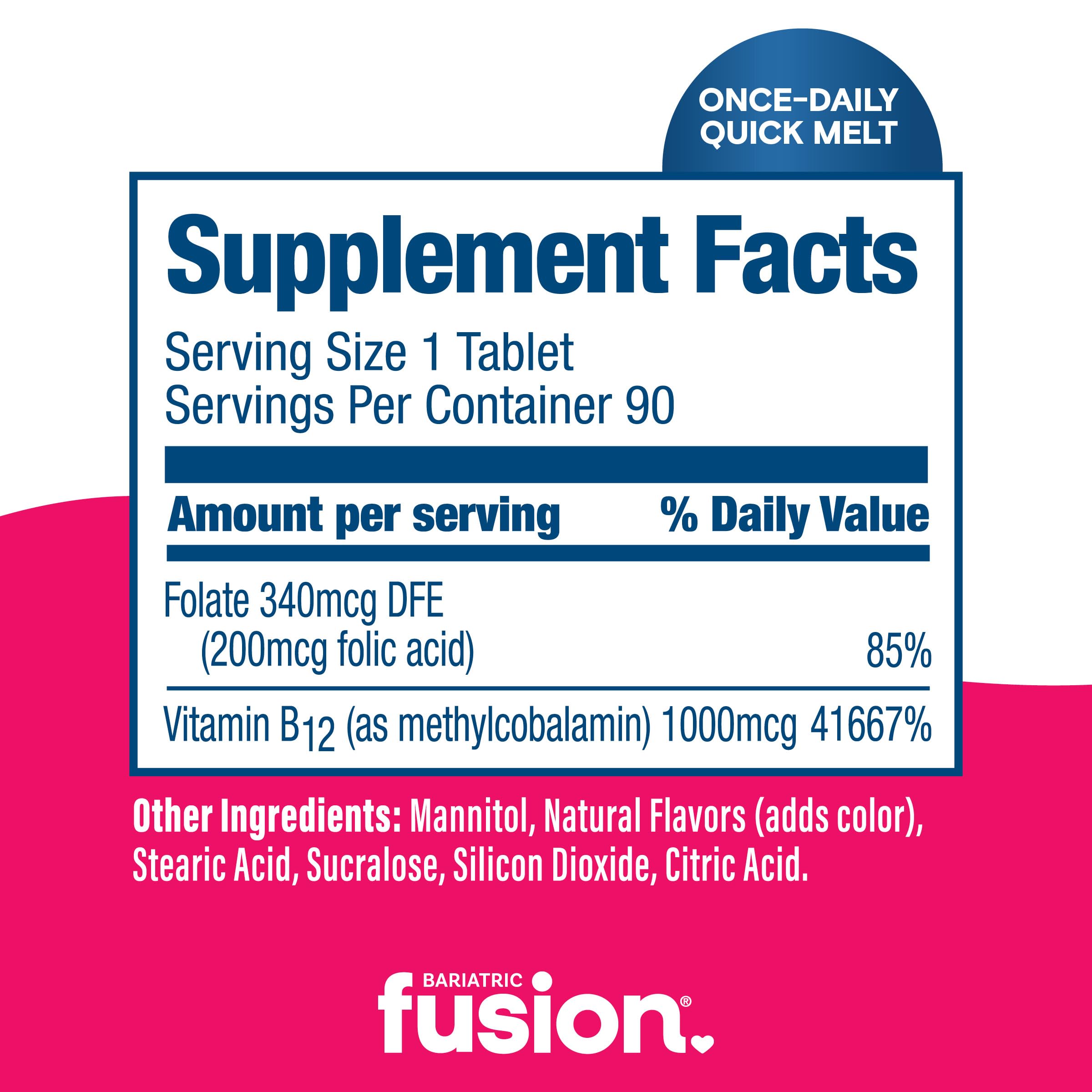 Bariatric Fusion B12 Melts methylcobalamin bottle label emphasizes bioactive B12.