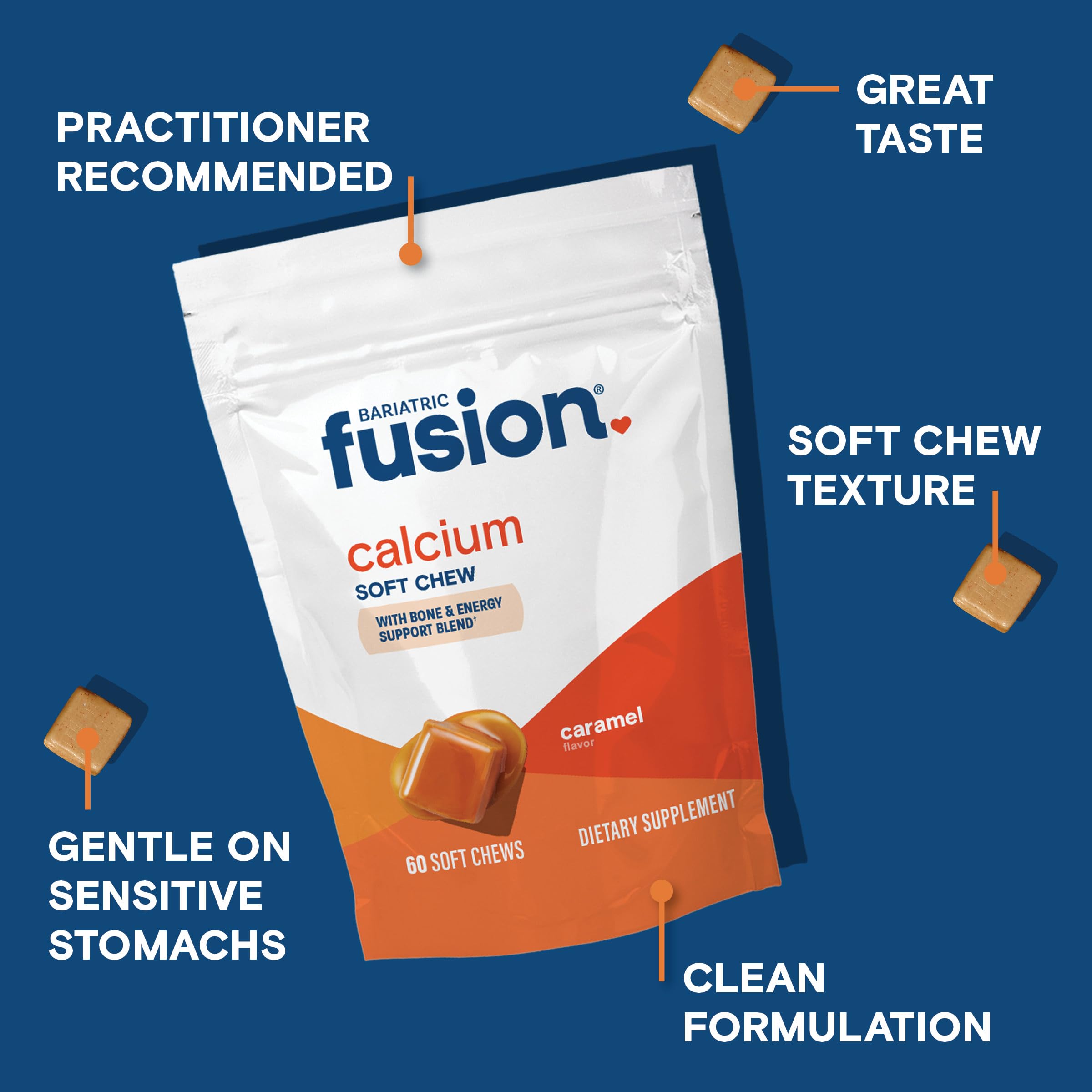 Bariatric Fusion calcium chews caramel flavor close-up emphasizes sugar-free, convenient tasting option