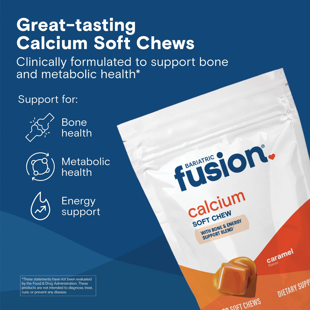 Bariatric Fusion calcium chews close-up texture highlights soft caramel bite for tasty everyday supplementation