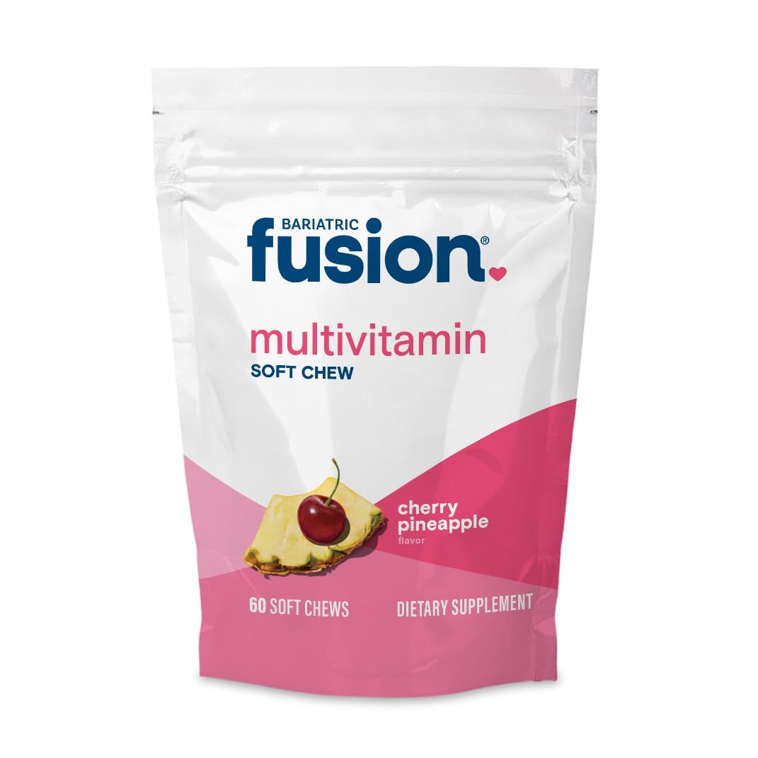 Bariatric Fusion bariatric multivitamin soft chew cherry pineapple close-up bottle highlighting delicious taste