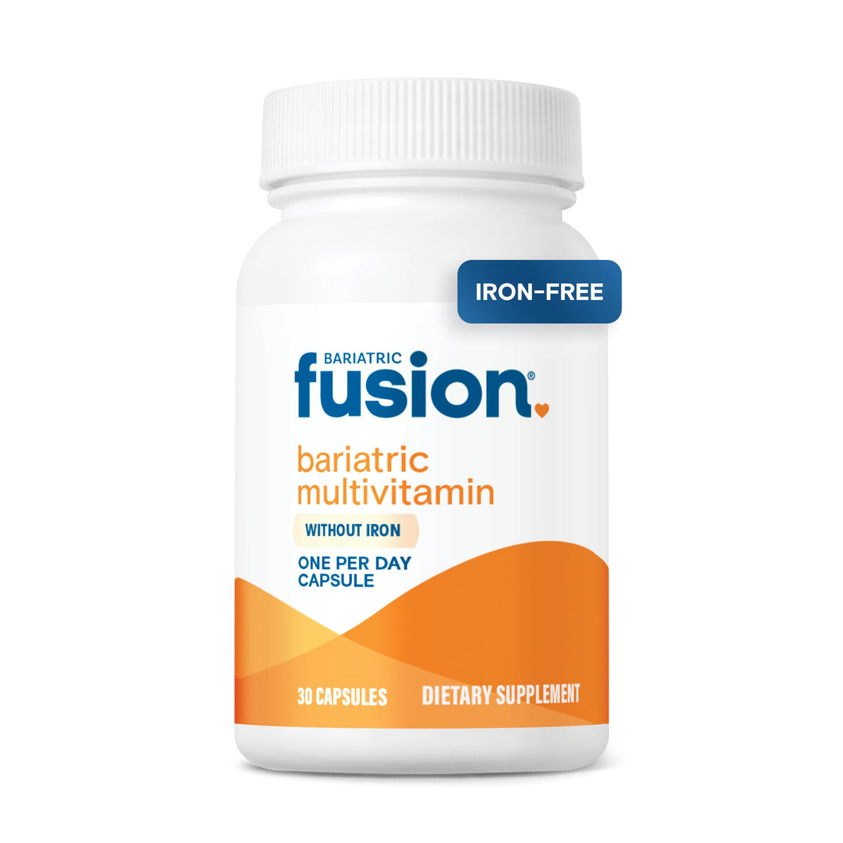 Bariatric Fusion multivitamin without iron bottle on shelf shows daily essential nutrients.