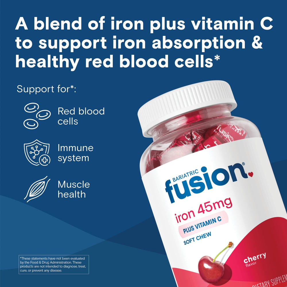Bariatric Fusion cherry iron soft chew closeup highlights chewy texture and flavor.