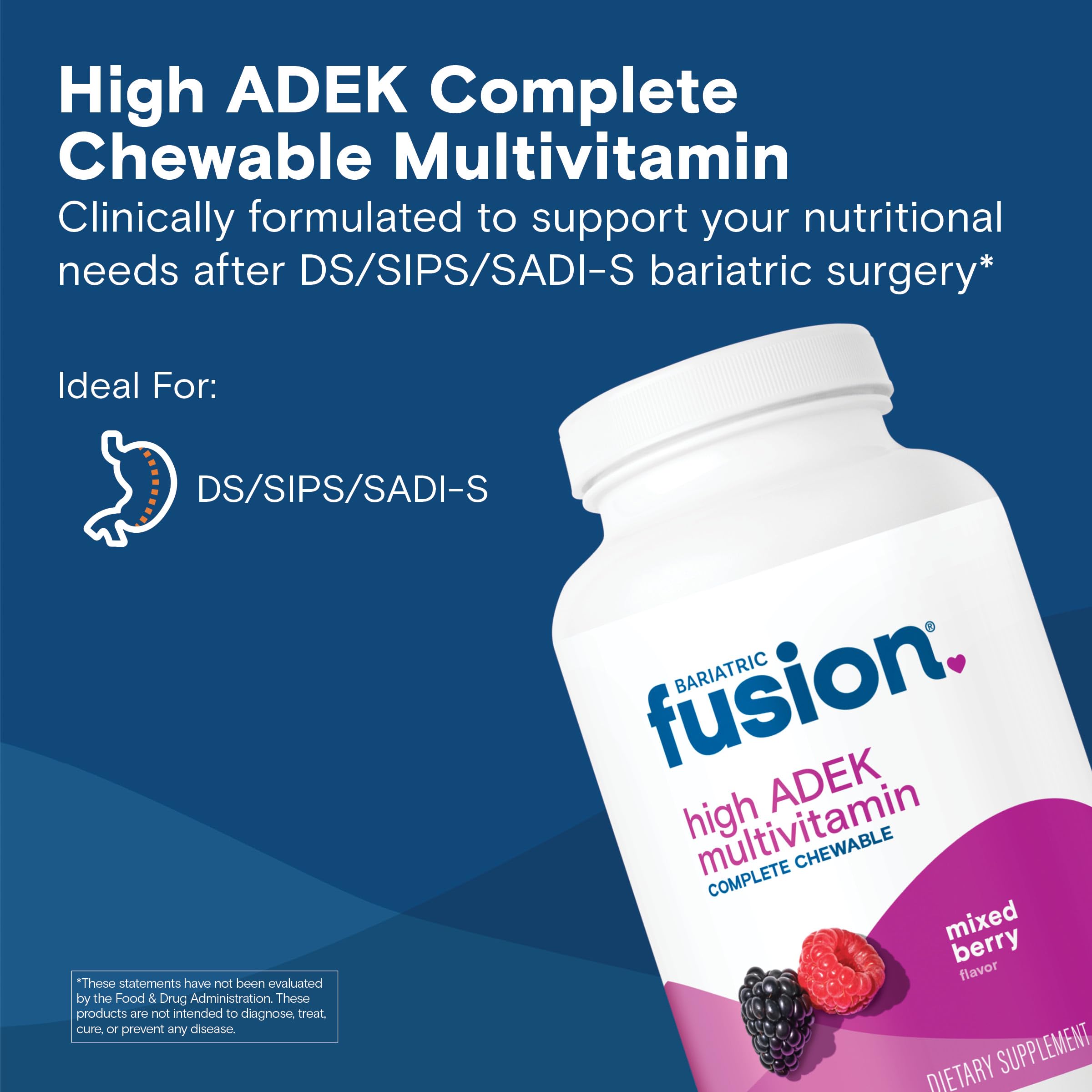 Bariatric Fusion bottle back label highlights high ADEK vitamins