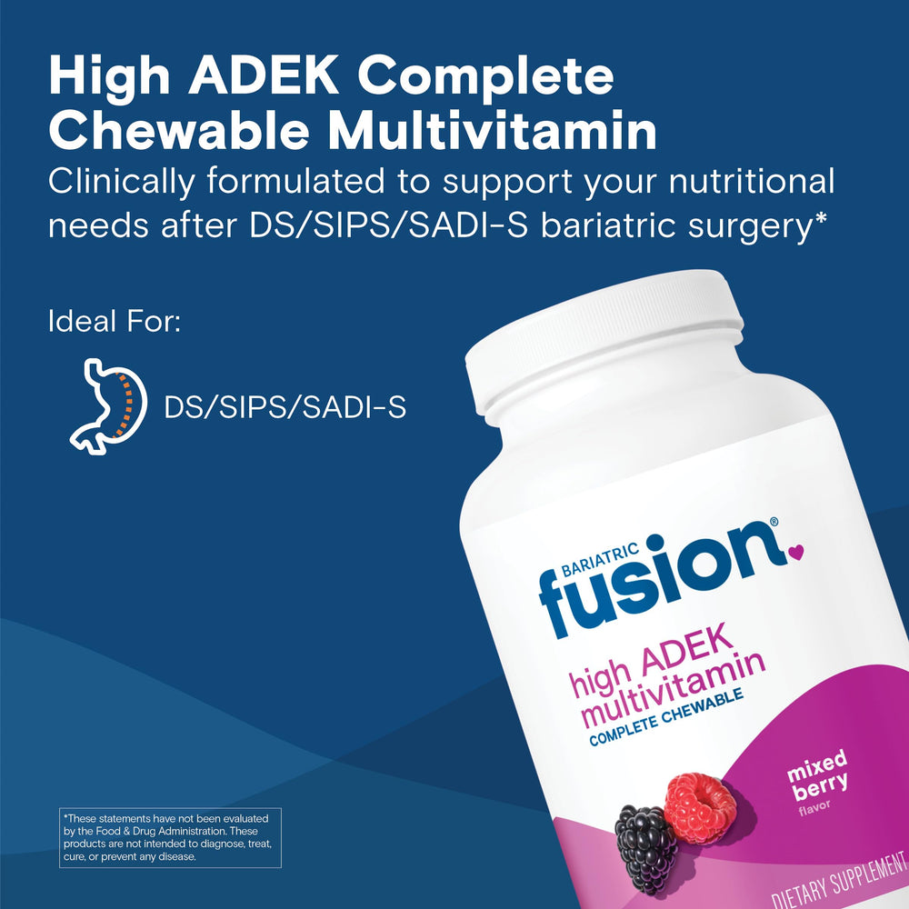Bariatric Fusion bottle back label highlights high ADEK vitamins