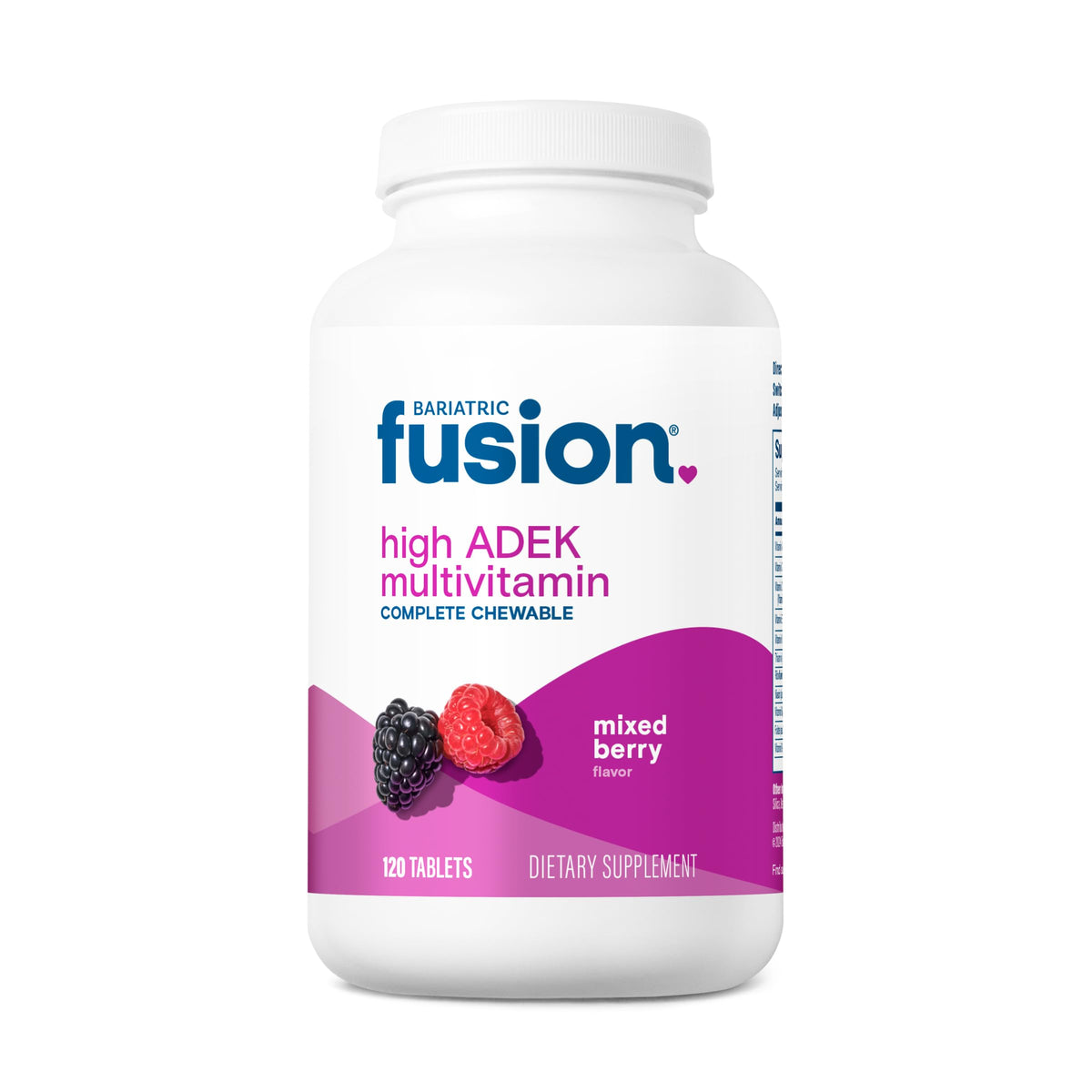 Bariatric Fusion bottle front showing mixed berry flavor for daily chewable use