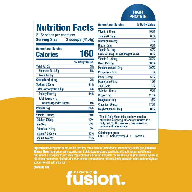 Bariatric Fusion Chicken Soup tub with serving scoop displays 21 servings