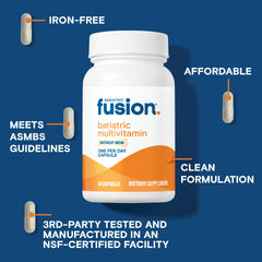 Daily-dose bottle from Bariatric Fusion emphasizes easy one-per-day use.