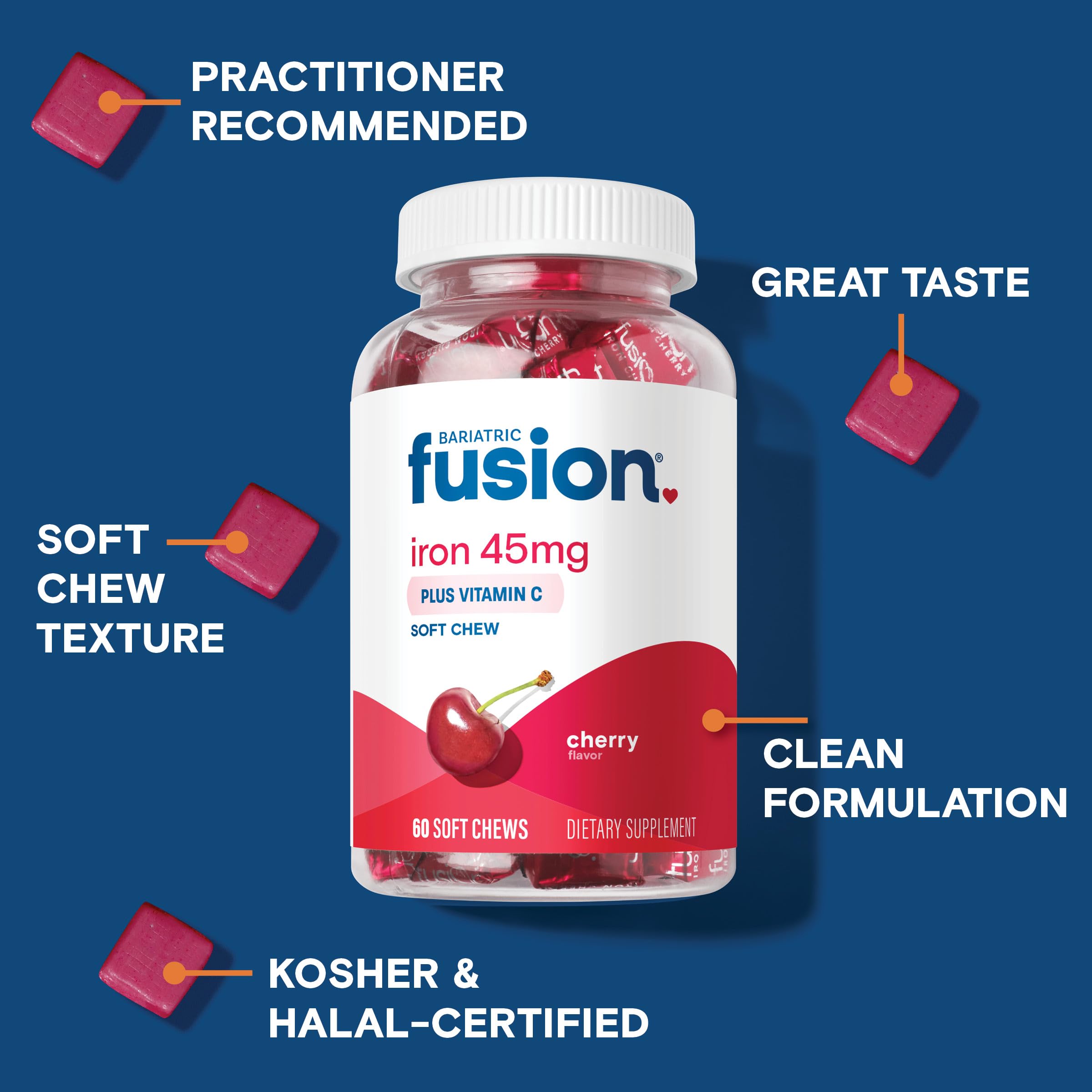 Bariatric Fusion ferrous fumarate ingredient label emphasizes gentle stomach-friendly formula.
