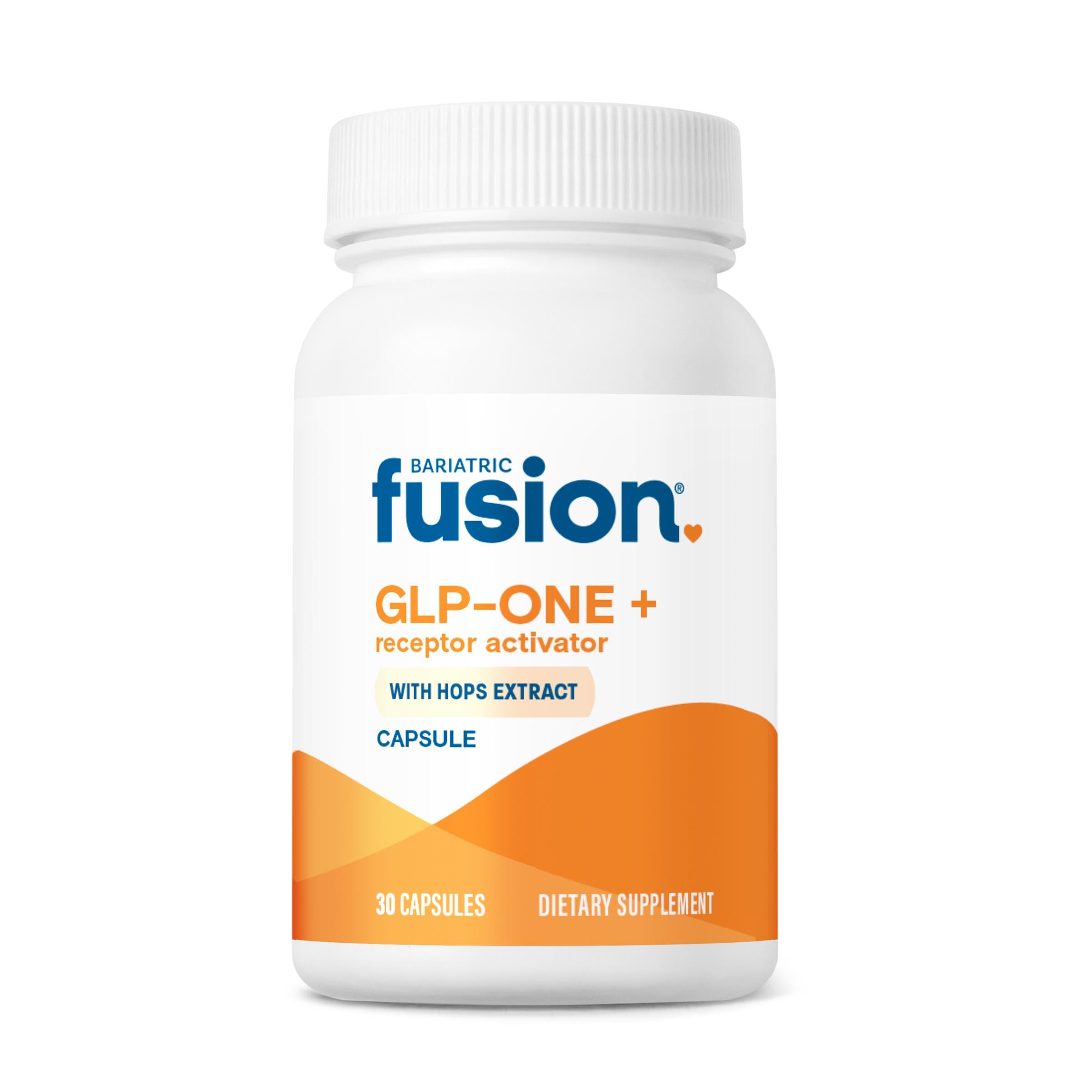 Bariatric Fusion GLP-ONE+ bottle showing gluten-free vegan formula for fuller meals.