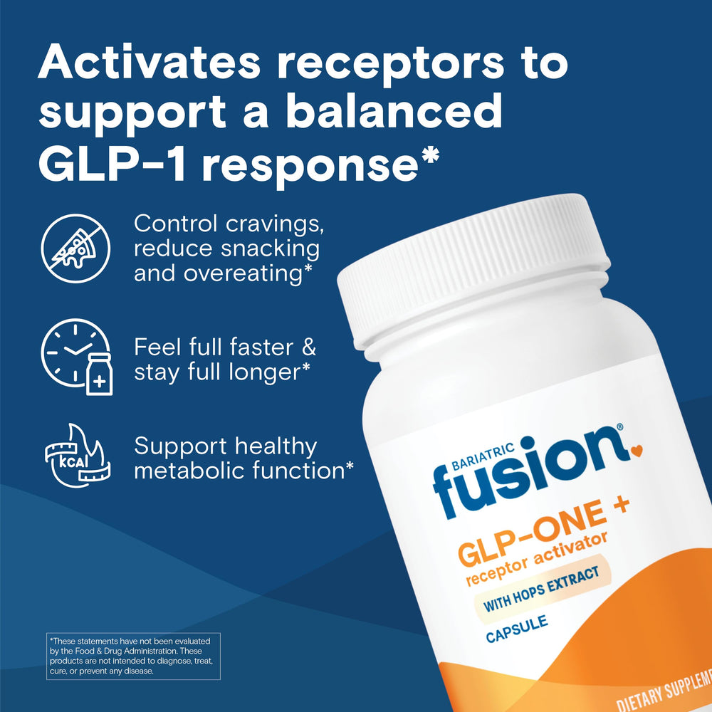 Close-up of Bariatric Fusion GLP-ONE+ capsules for easy daily use.