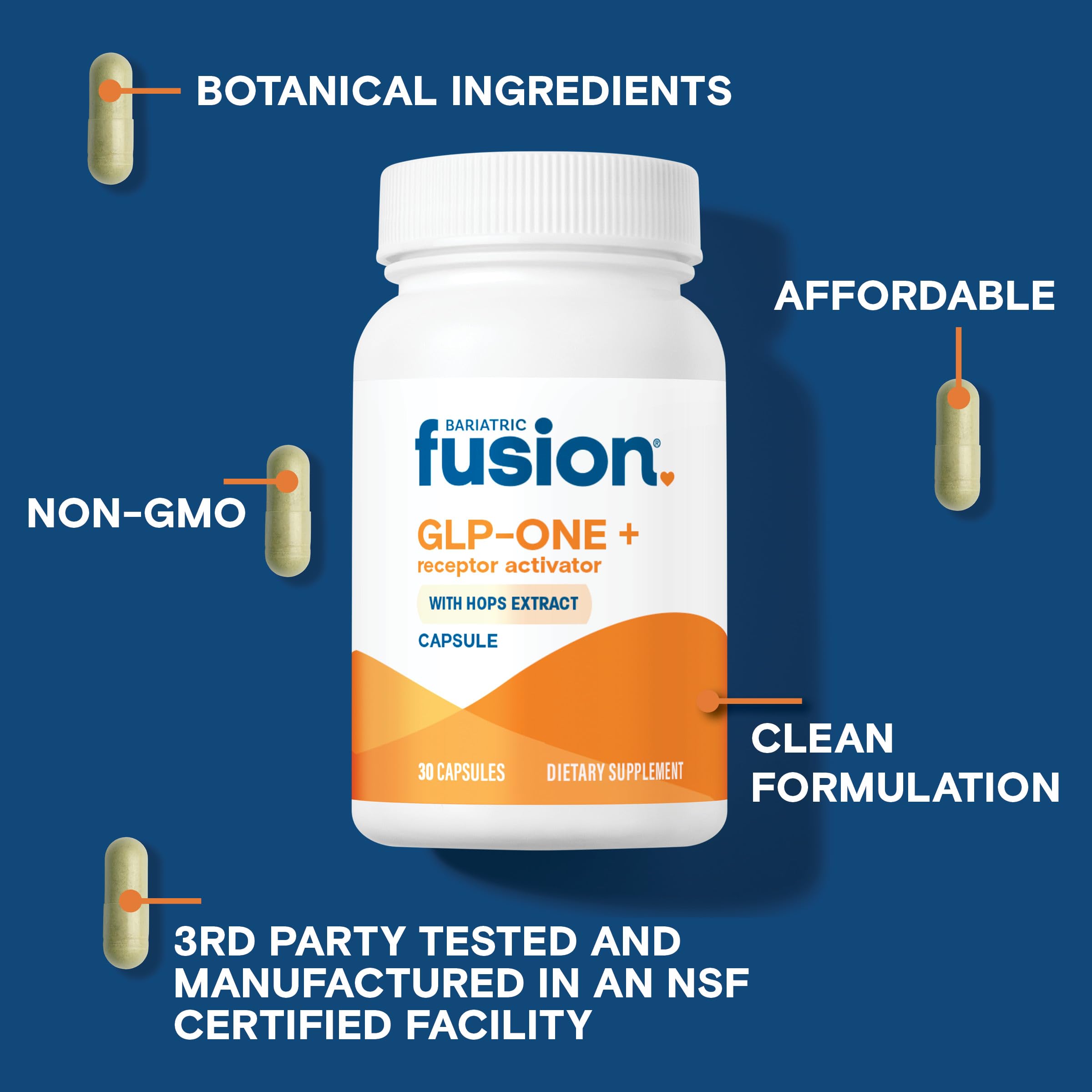 GLP-ONE+ label highlights clinically validated hops and copaiba ingredients.