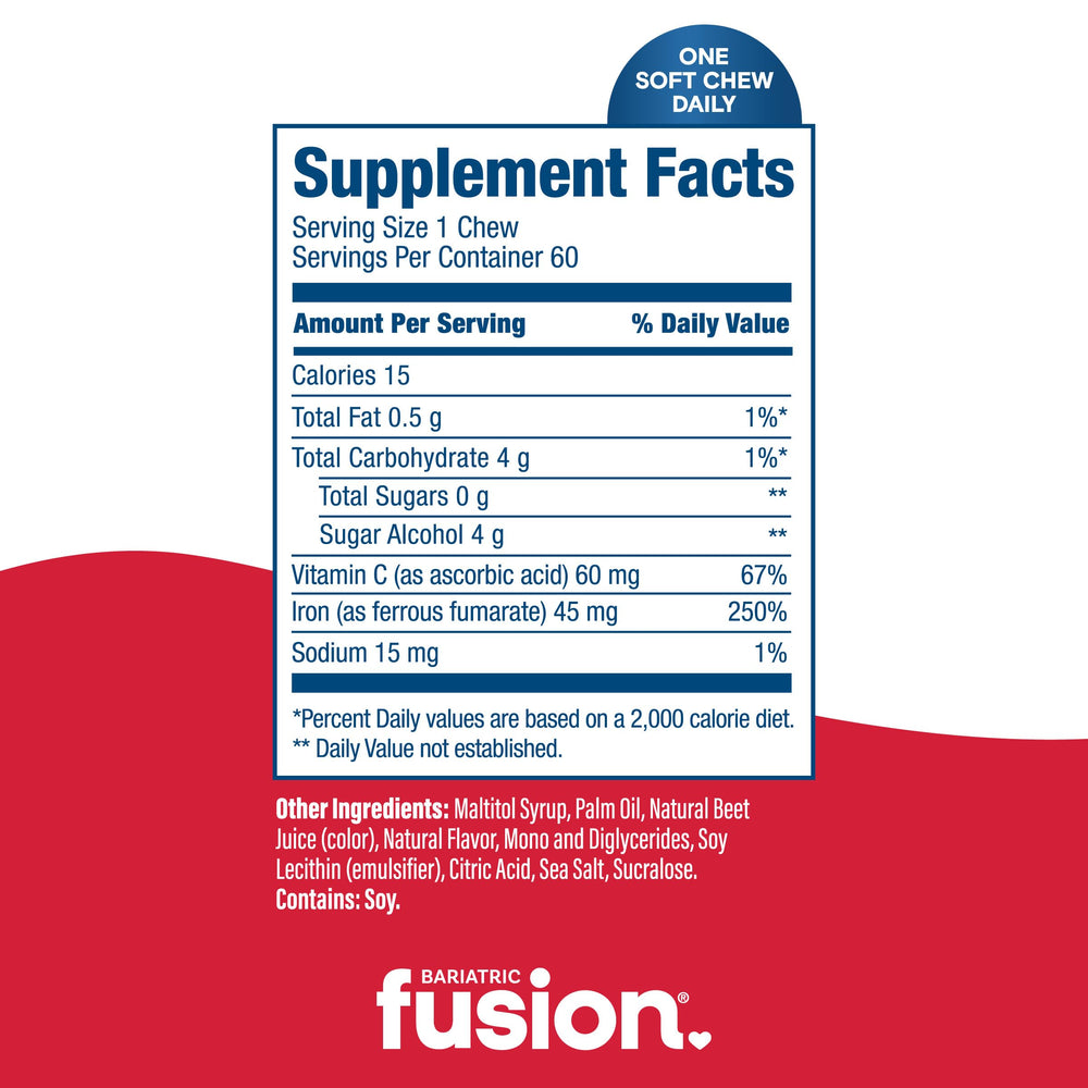Bariatric Fusion gluten-free icon with packaging signals gluten-free iron option.