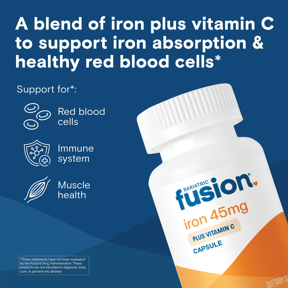 Bariatric Fusion Iron 45mg with vitamin C bottle on shelf supports easy supplementation.