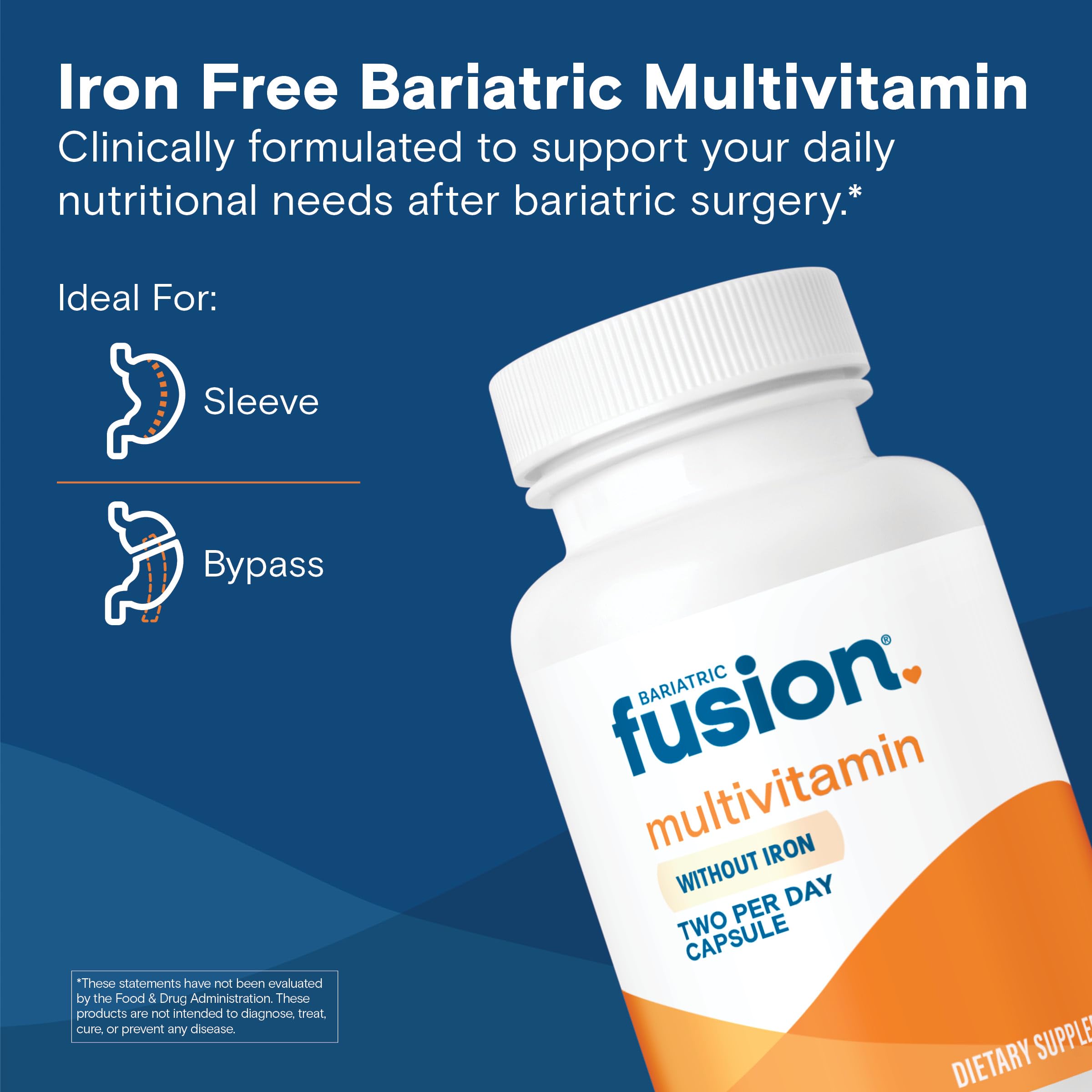 Close-up of Bariatric Fusion iron-free multivitamin capsules for daily post-surgery use.