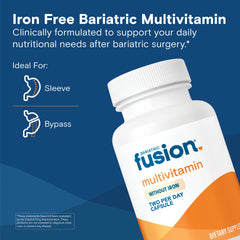 Close-up of Bariatric Fusion iron-free multivitamin capsules for daily post-surgery use.