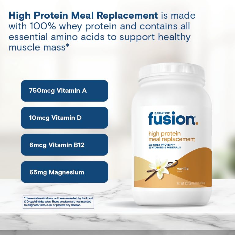 Close-up of Bariatric Fusion Vanilla label highlighting gluten-free and sugar-free claims.