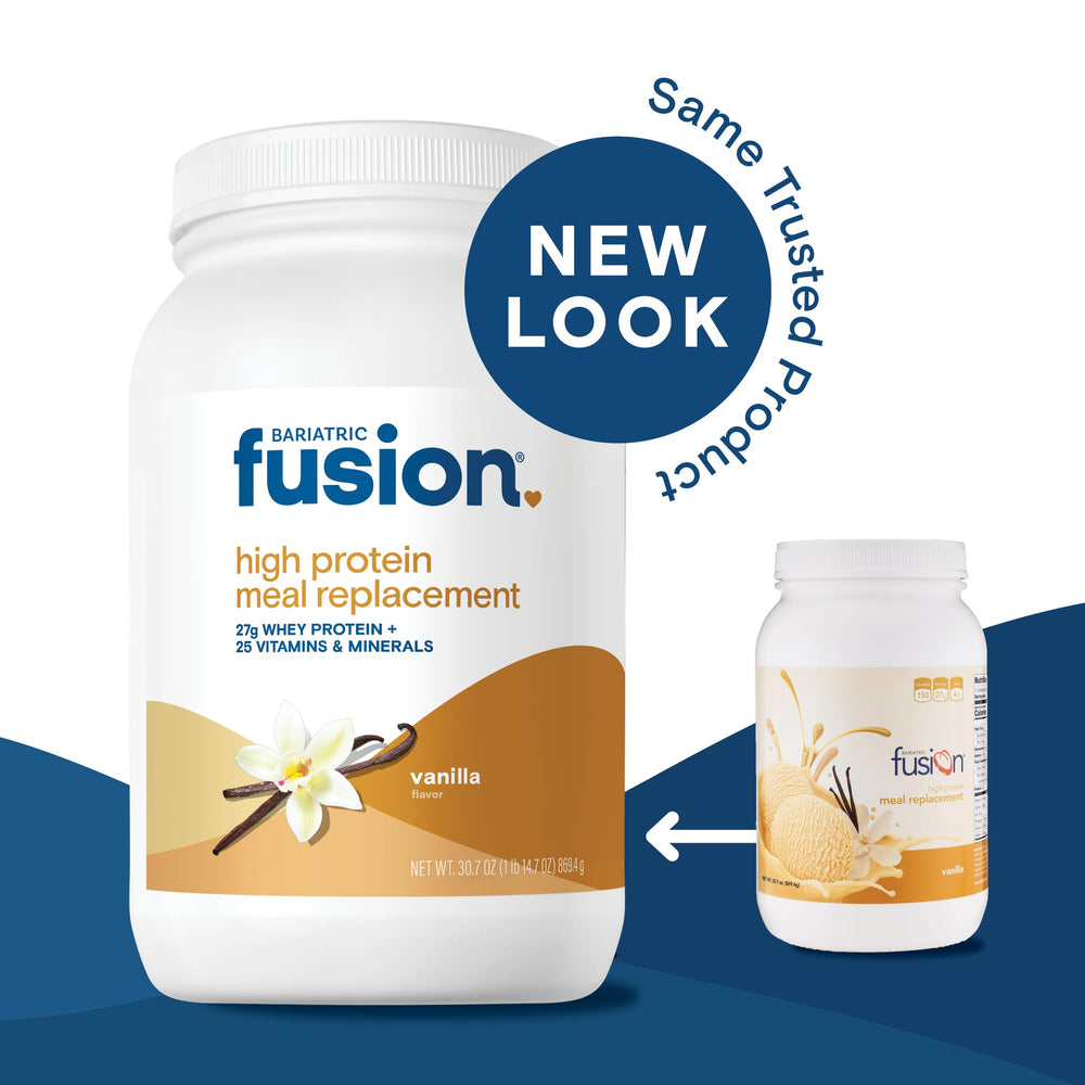 Bariatric Fusion Vanilla product on a counter with packaging and serving suggestions.