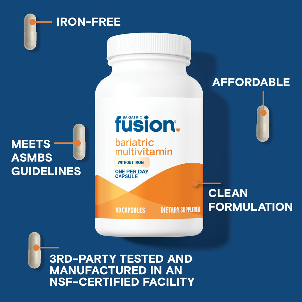 Bariatric Fusion vitamin label highlighting iron-free formula