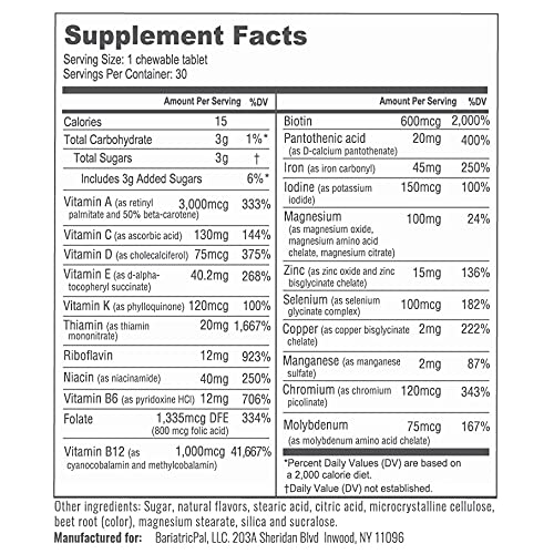 BariatricPal Berry chewable tablet close-up highlighting 45 mg iron.