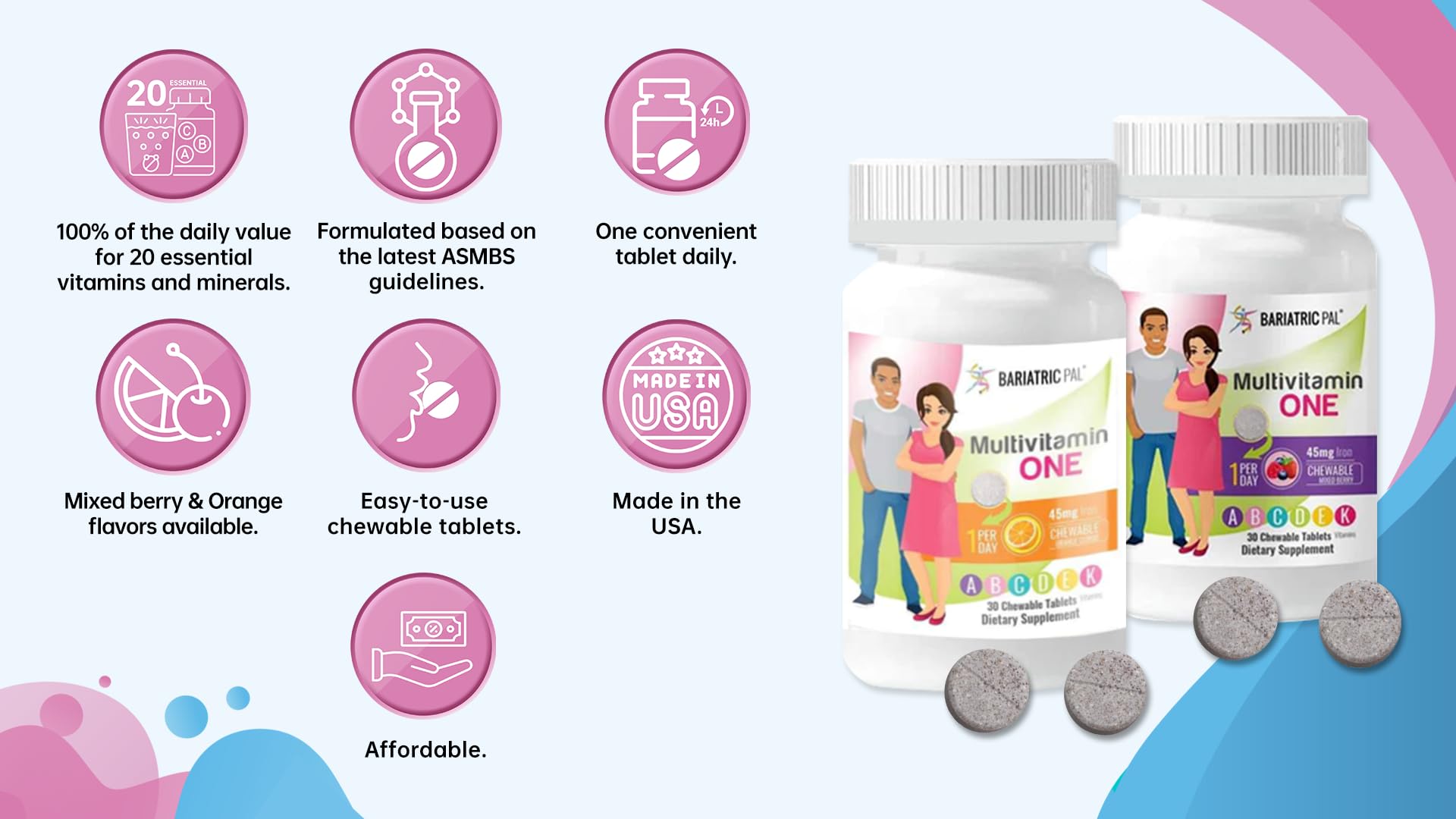 BariatricPal chewable tablet on wood counter illustrating easy after-meal take.