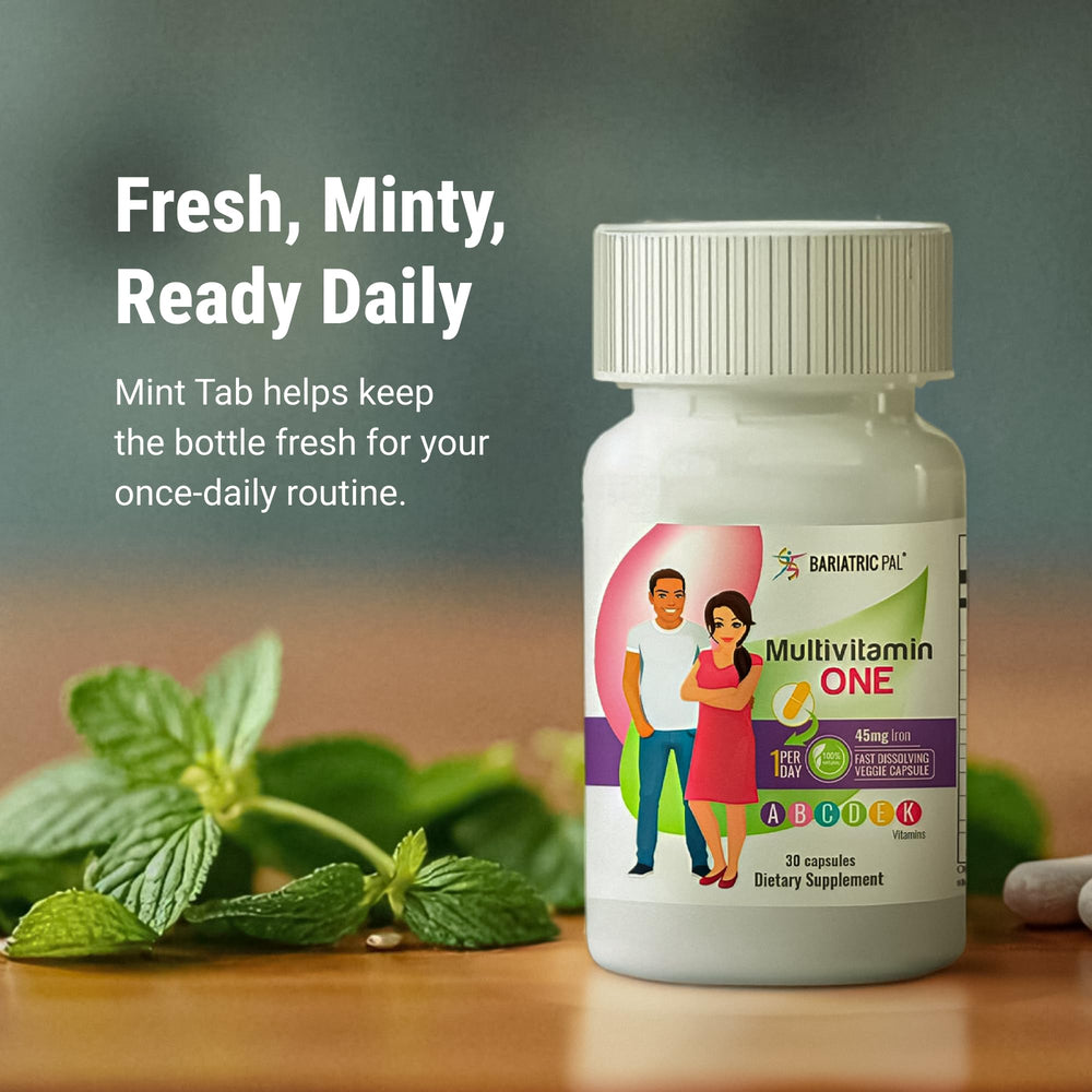 BariatricPal Multivitamin ONE bottle emphasizes gluten-free and dairy-free details.