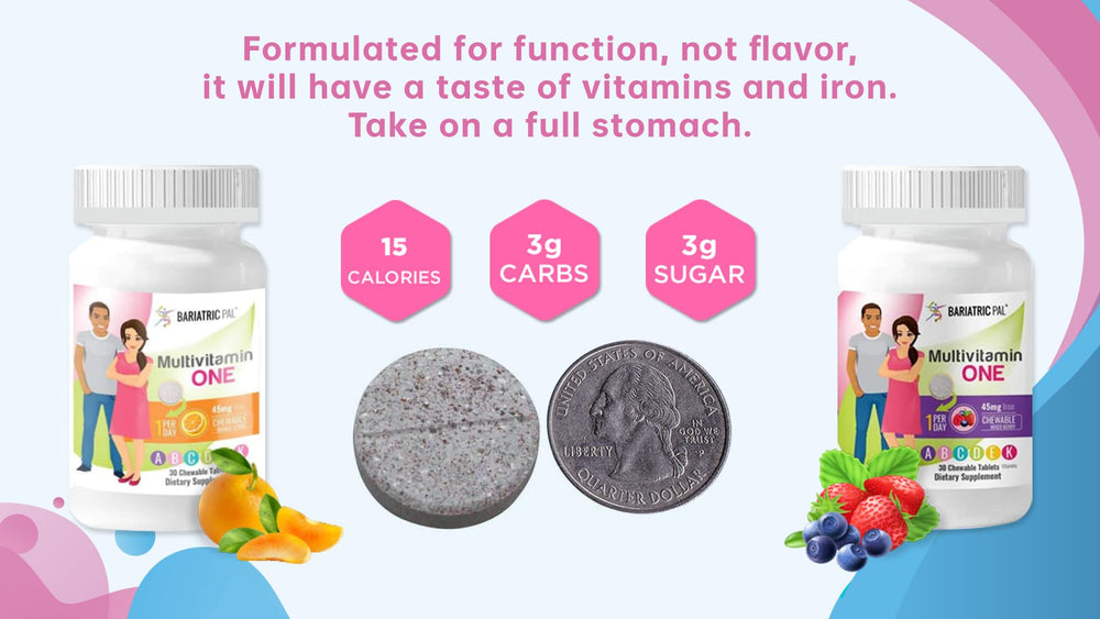 BariatricPal nutrition label view emphasizing 20 essential vitamins and minerals.