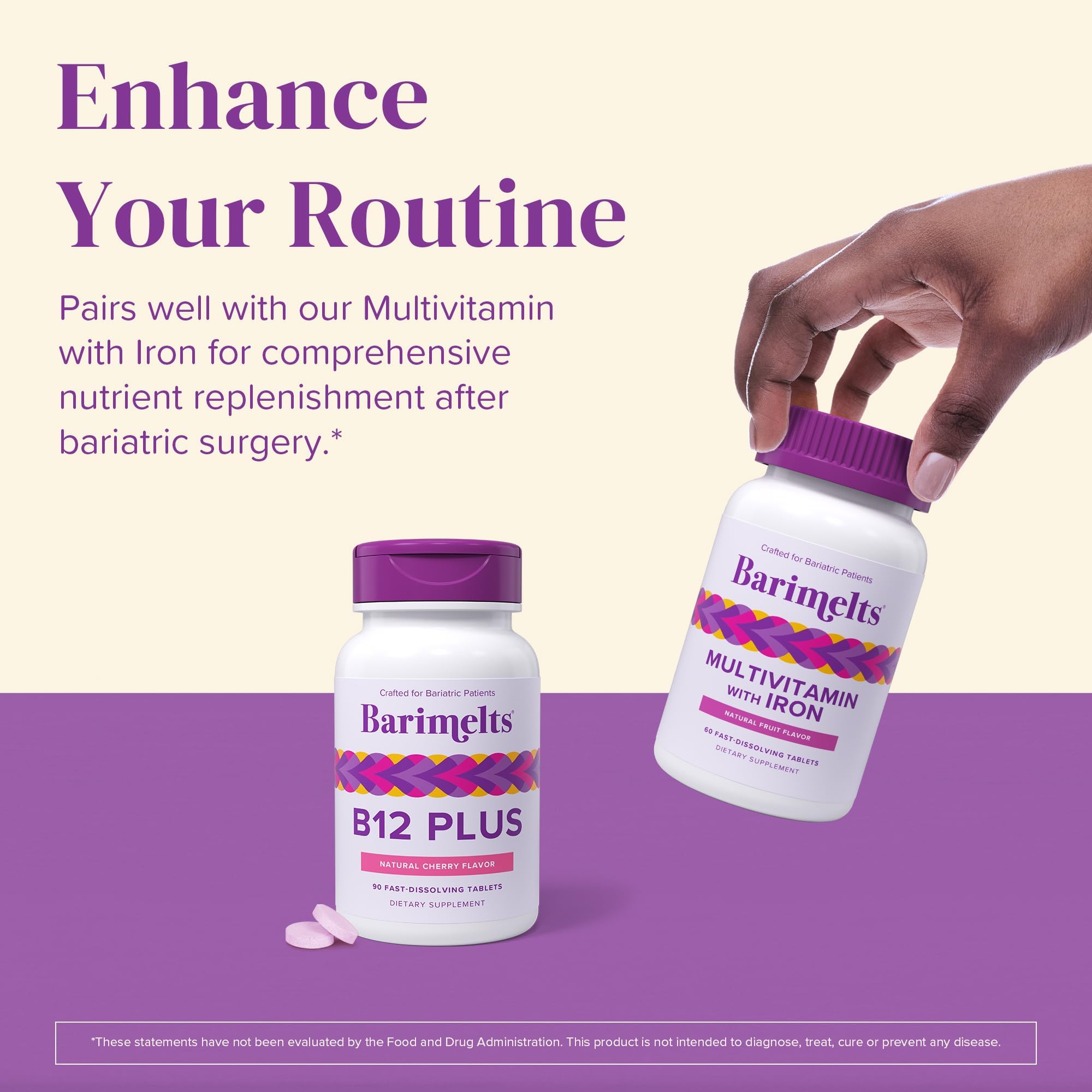 Label view showing gluten-free and dairy-free attributes on BariMelts packaging.