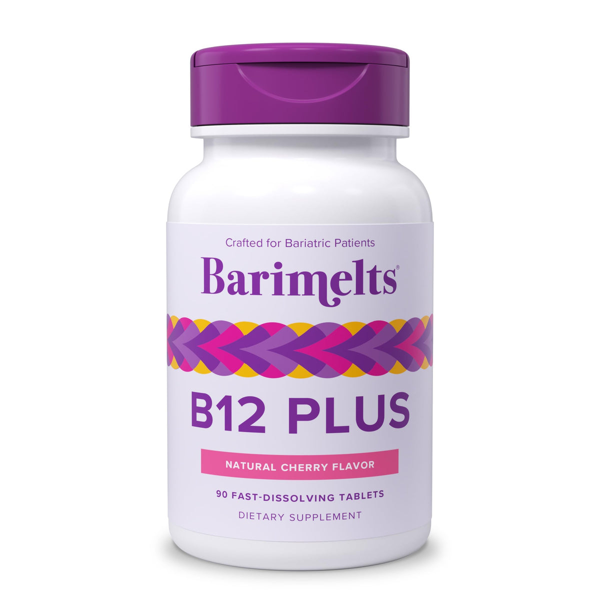 BariMelts B12 Plus tablets shown for daily post-bariatric nutrition support.