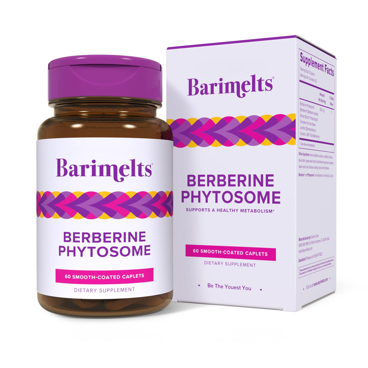 Barimelts Berberine Phytosome bottle with 60 smooth caplets for easy daily dosing.