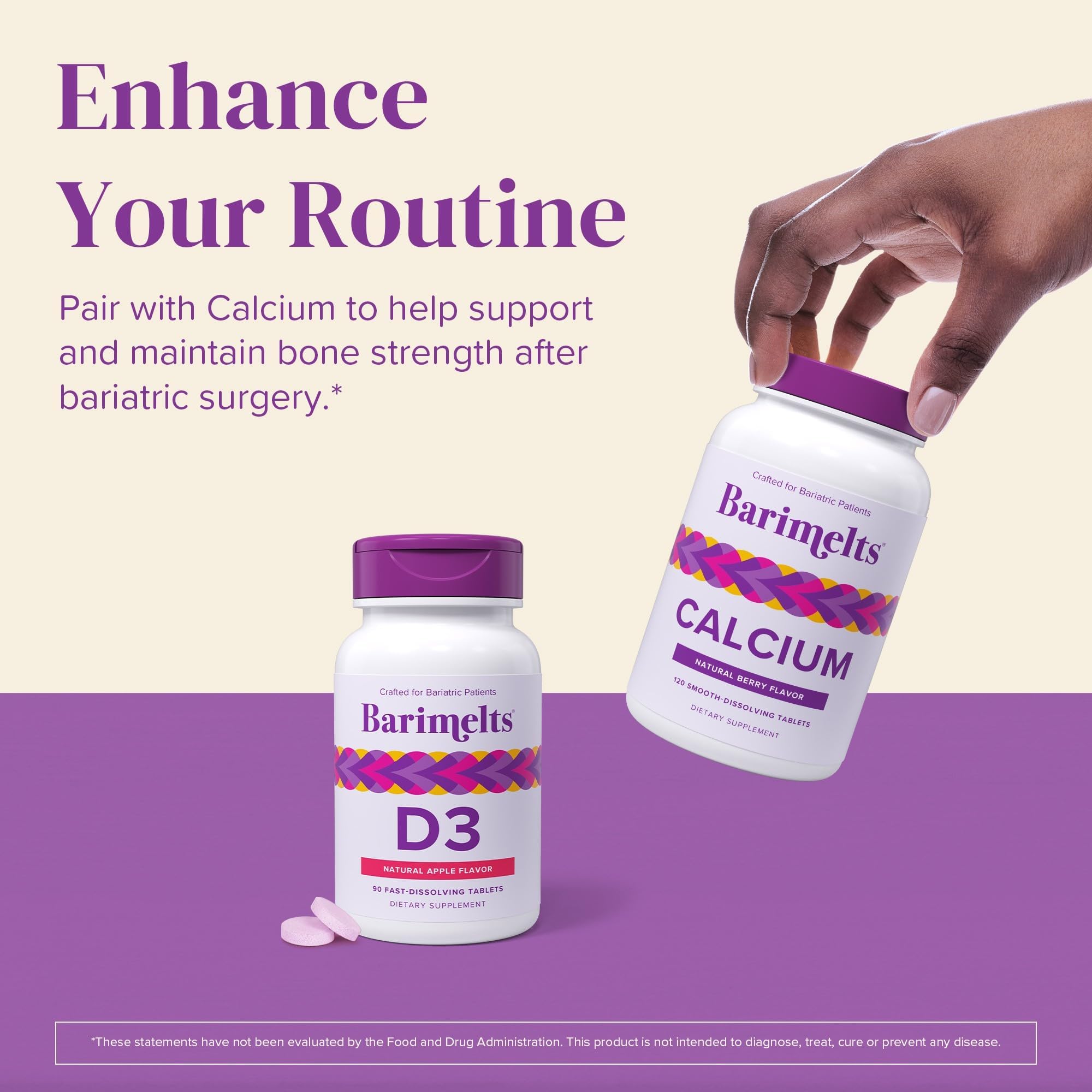 Barimelts D3 bottle and packaging with ASMBS and GMP cues